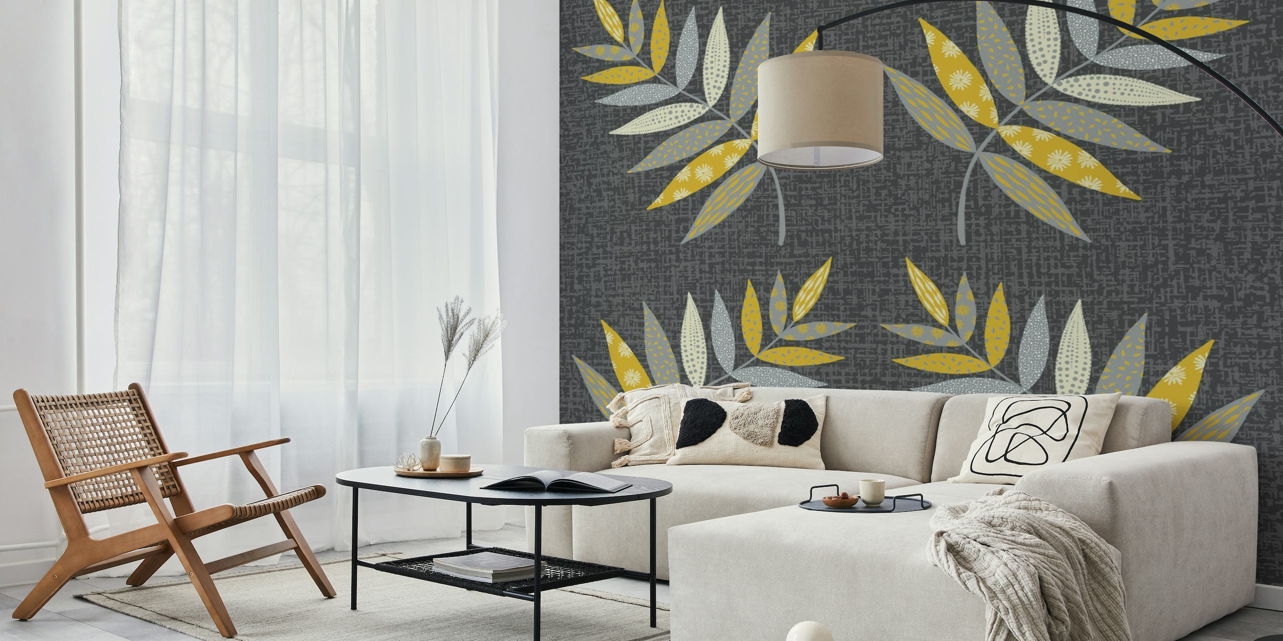Stylish grey wall mural with patterned leaves in earth tones