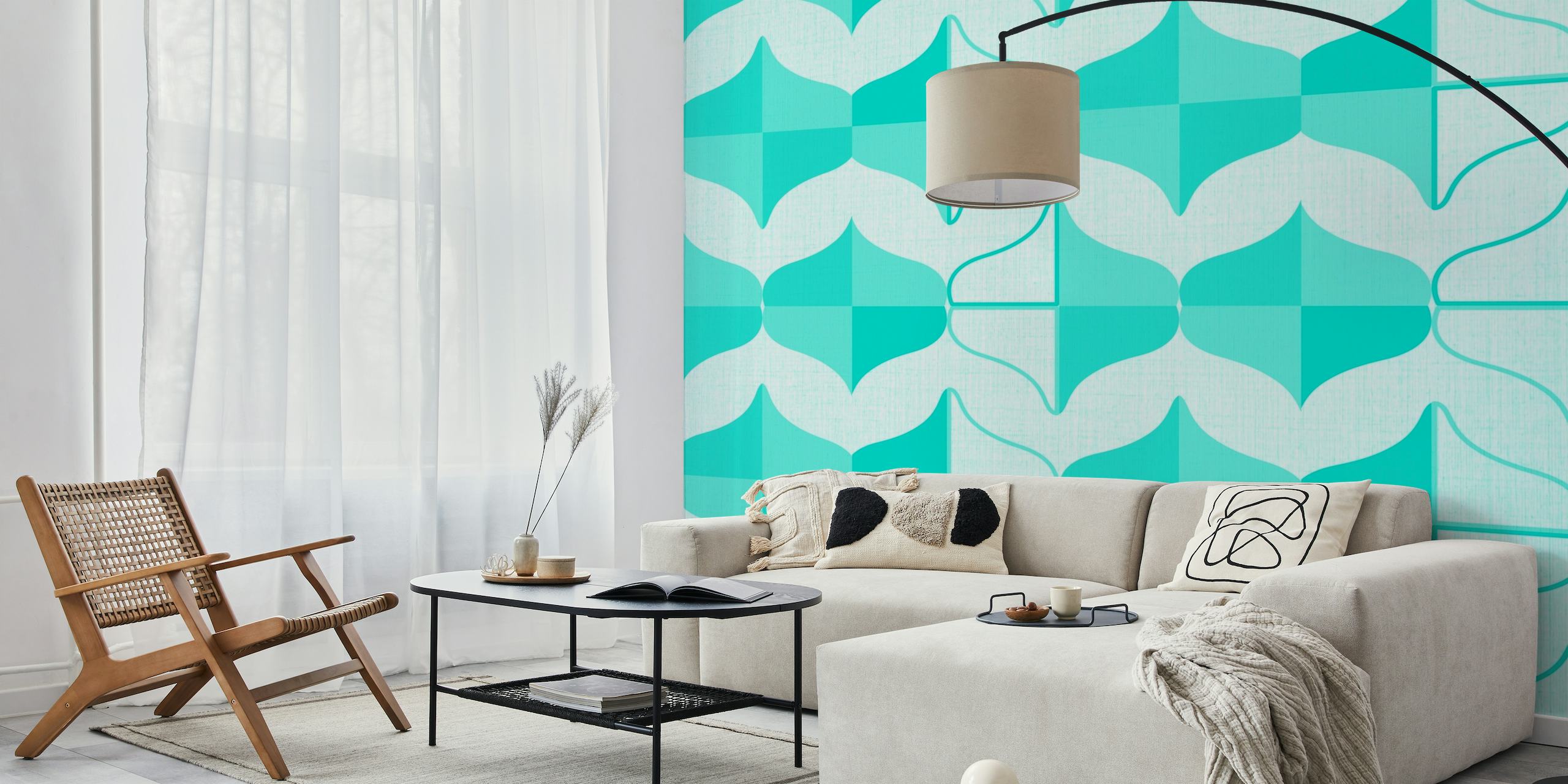 Mid Century Abstract Cyan wall mural with geometric shapes