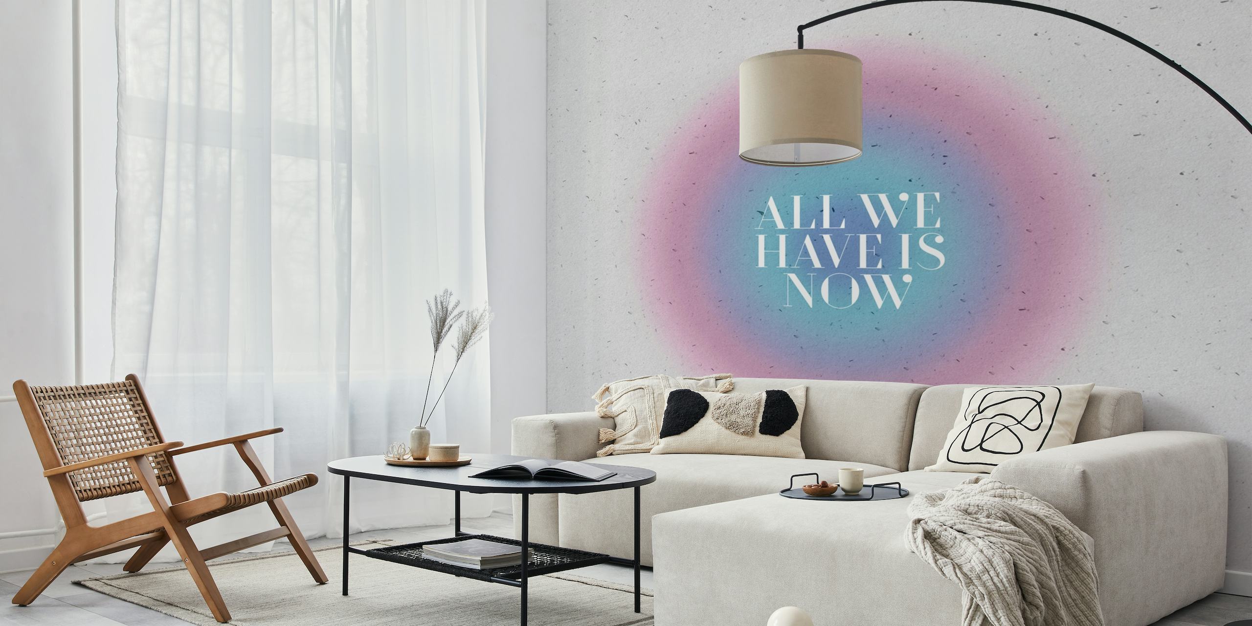 All We Have is Now wall mural with soft pink and violet hues and inspirational text