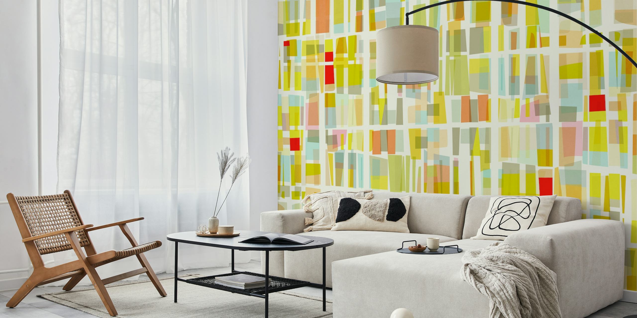 Abstract yellow, green, and red square pattern wall mural