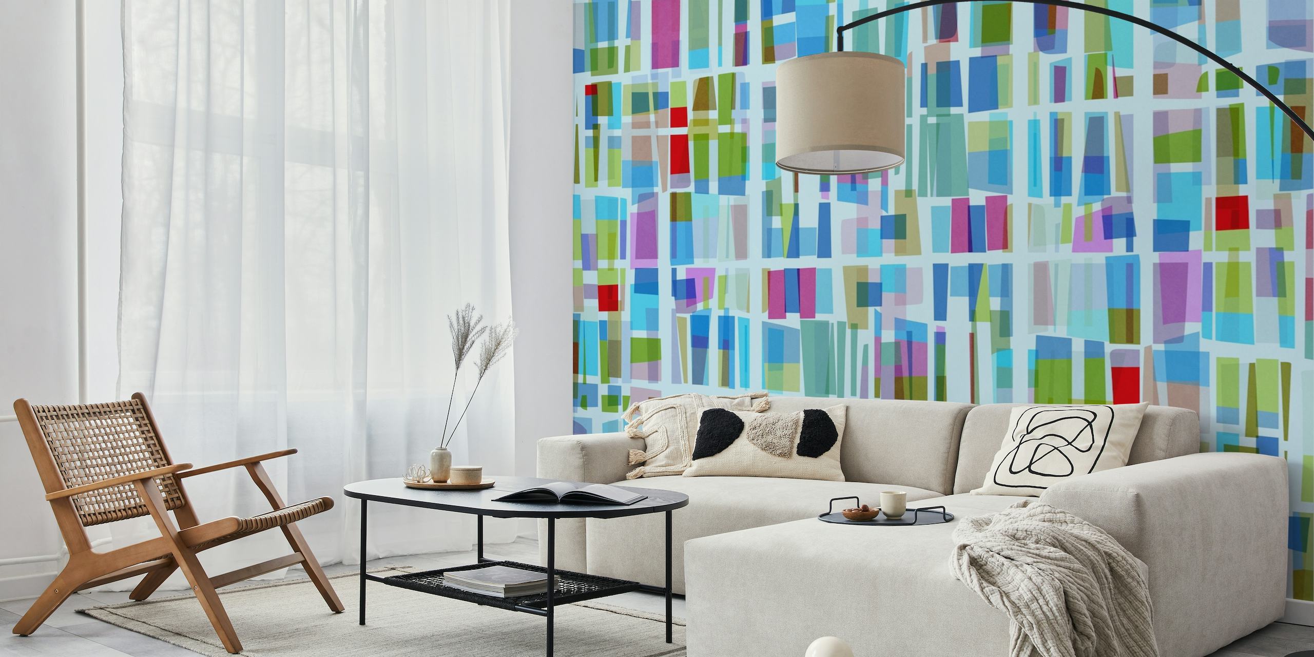Abstract 'Bluish Square' fotobehang met een geometrisch patroon van blauw, groen en accenten van roze en paars
