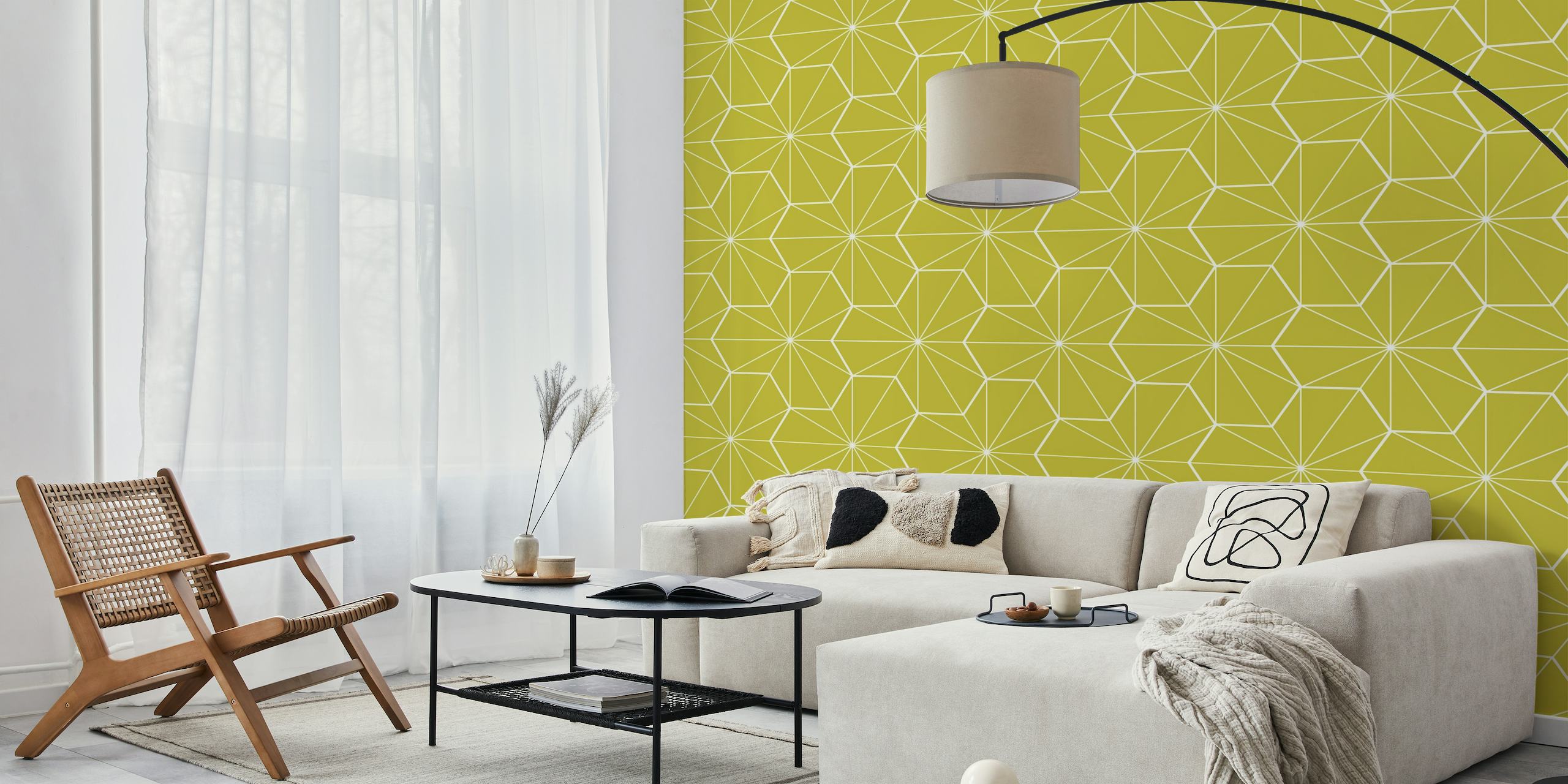 Vibrant mid-century style geometric pattern wall mural in yellow-green shades.