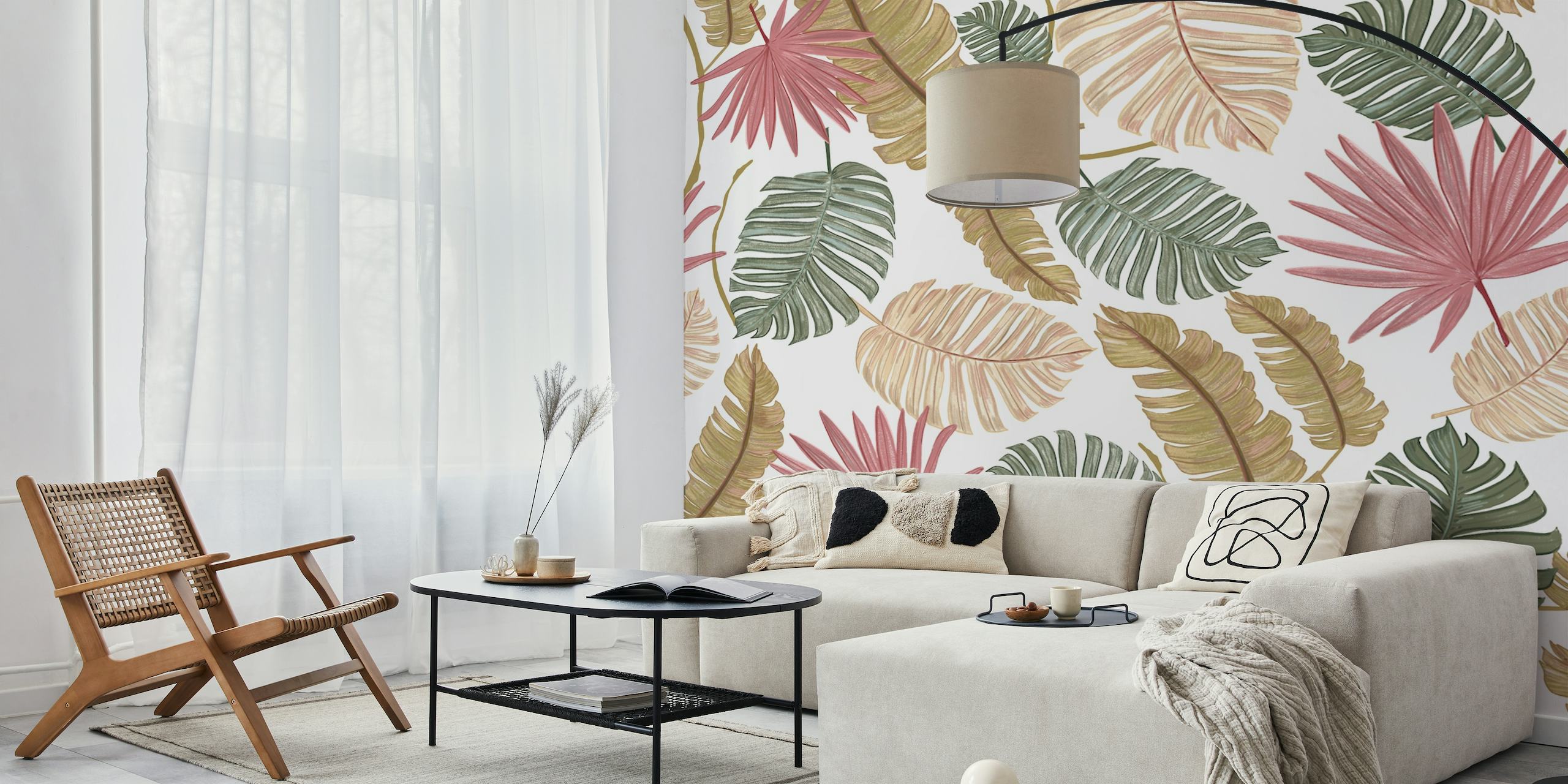 Op de natuur geïnspireerd tropisch bladerenpatroon op een witte muurschildering als achtergrond