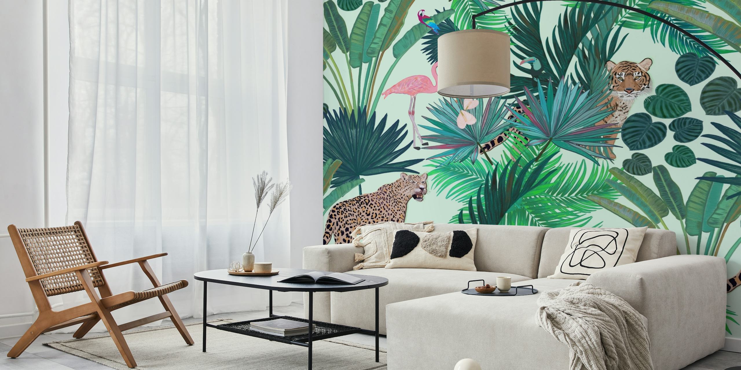 Tropical forest wall mural with tigers and flamingos in greenery