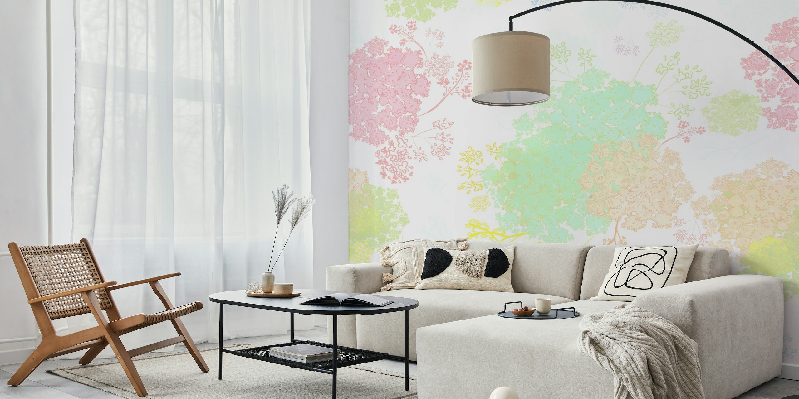 Pastelkleurige muurschildering met bloemenkantpatroon