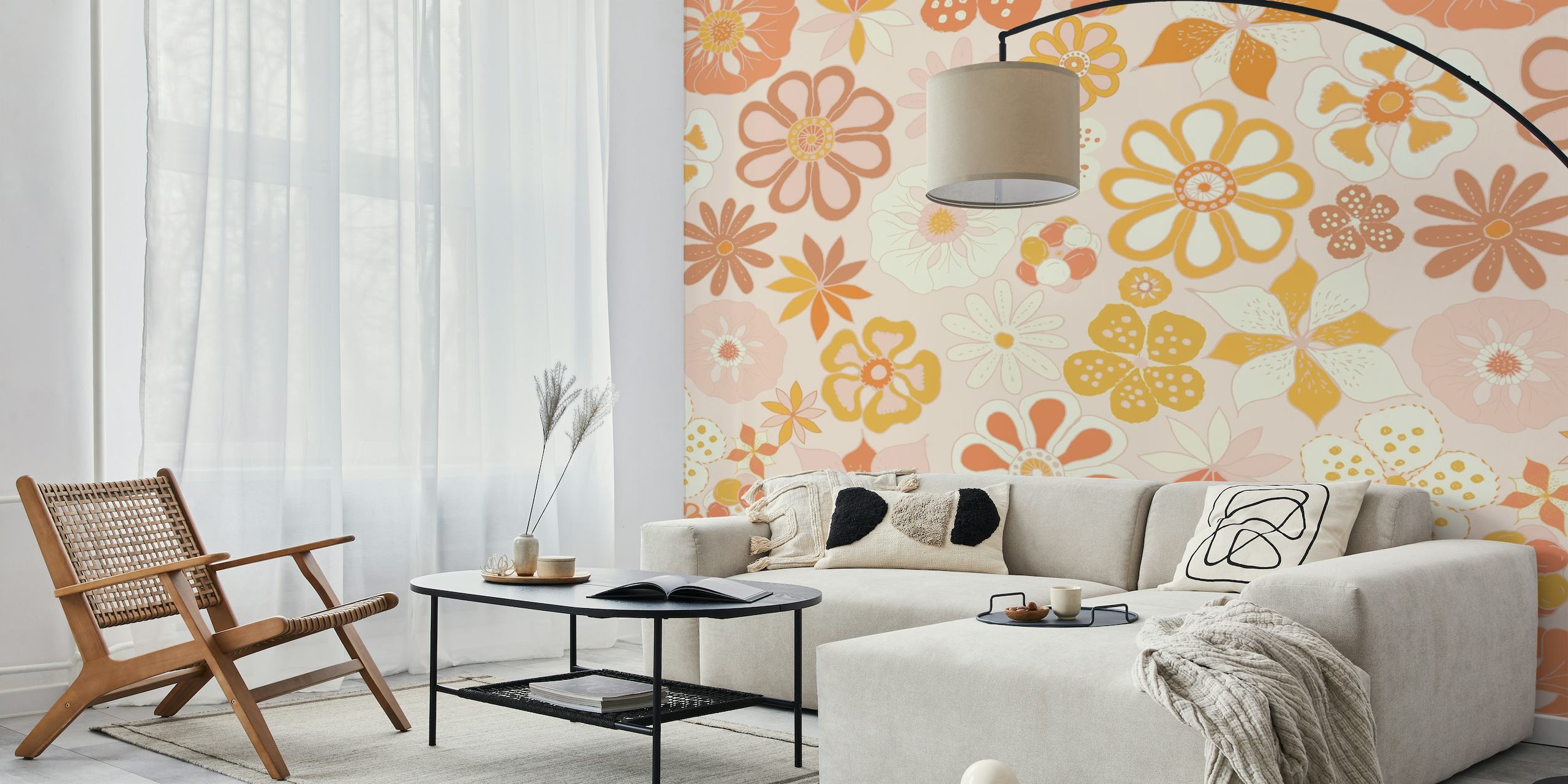 Warme pastelkleurige bloemmotief muurschildering voor woondecoratie