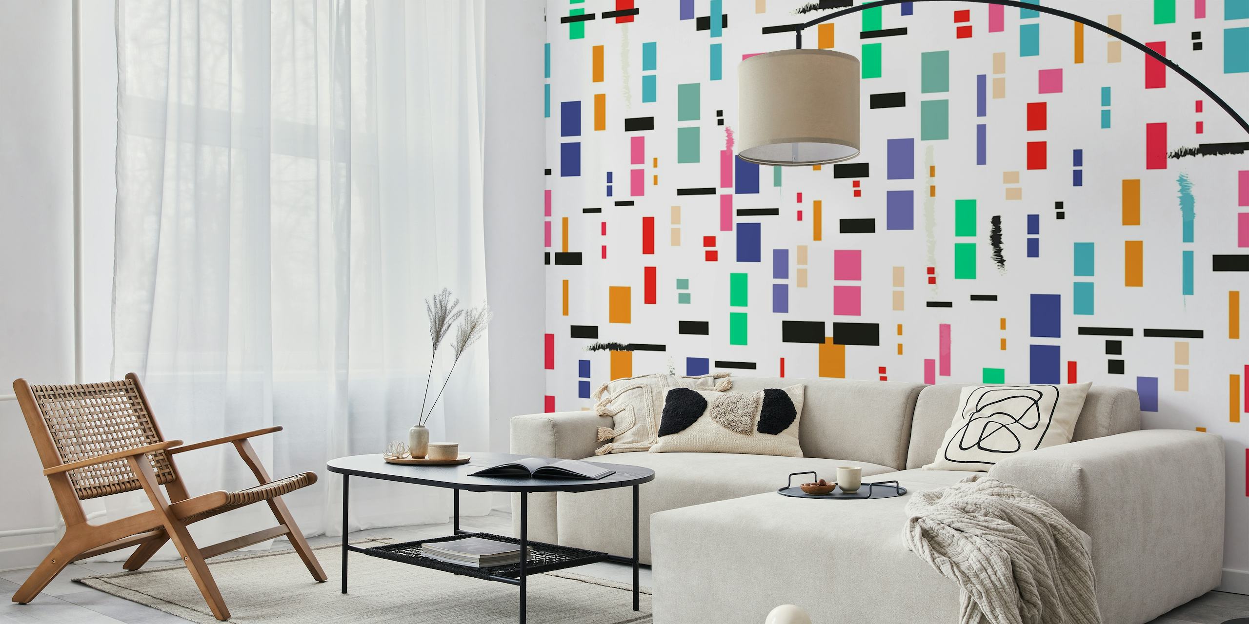 Abstrakti värillinen seinämaalaus, jossa on erilaisia suorakaiteen muotoja eri väreissä
