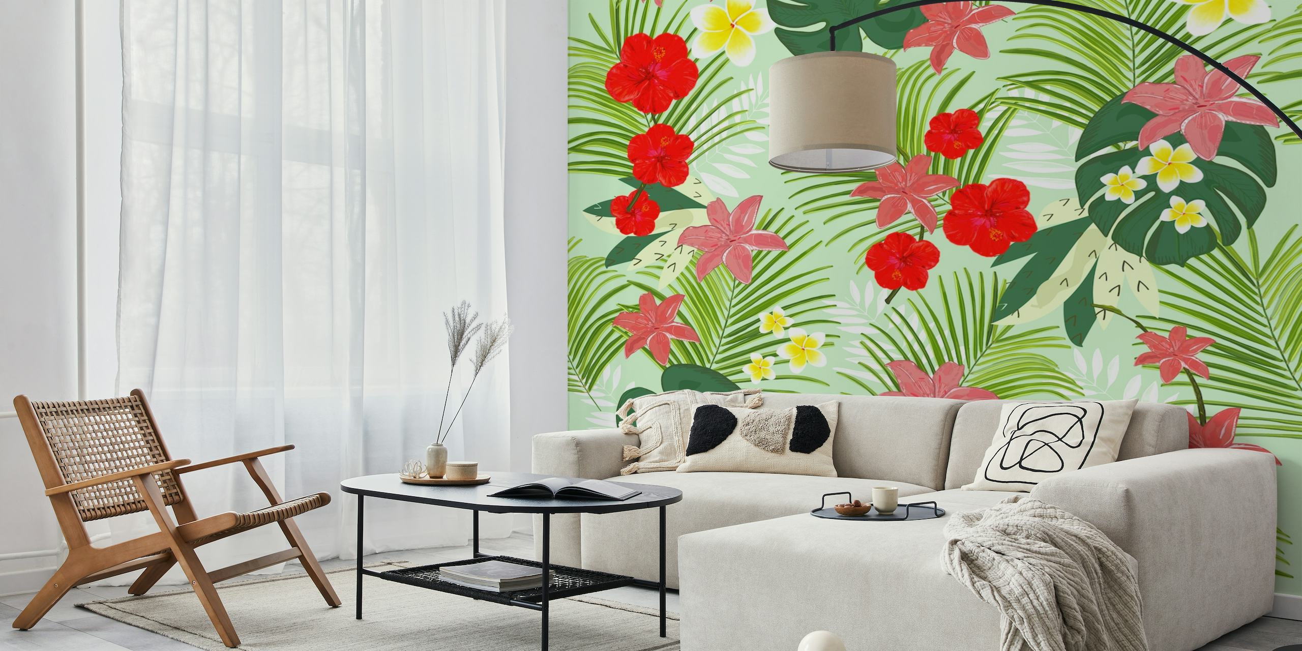 Palm leaves red hibiscus papel pintado