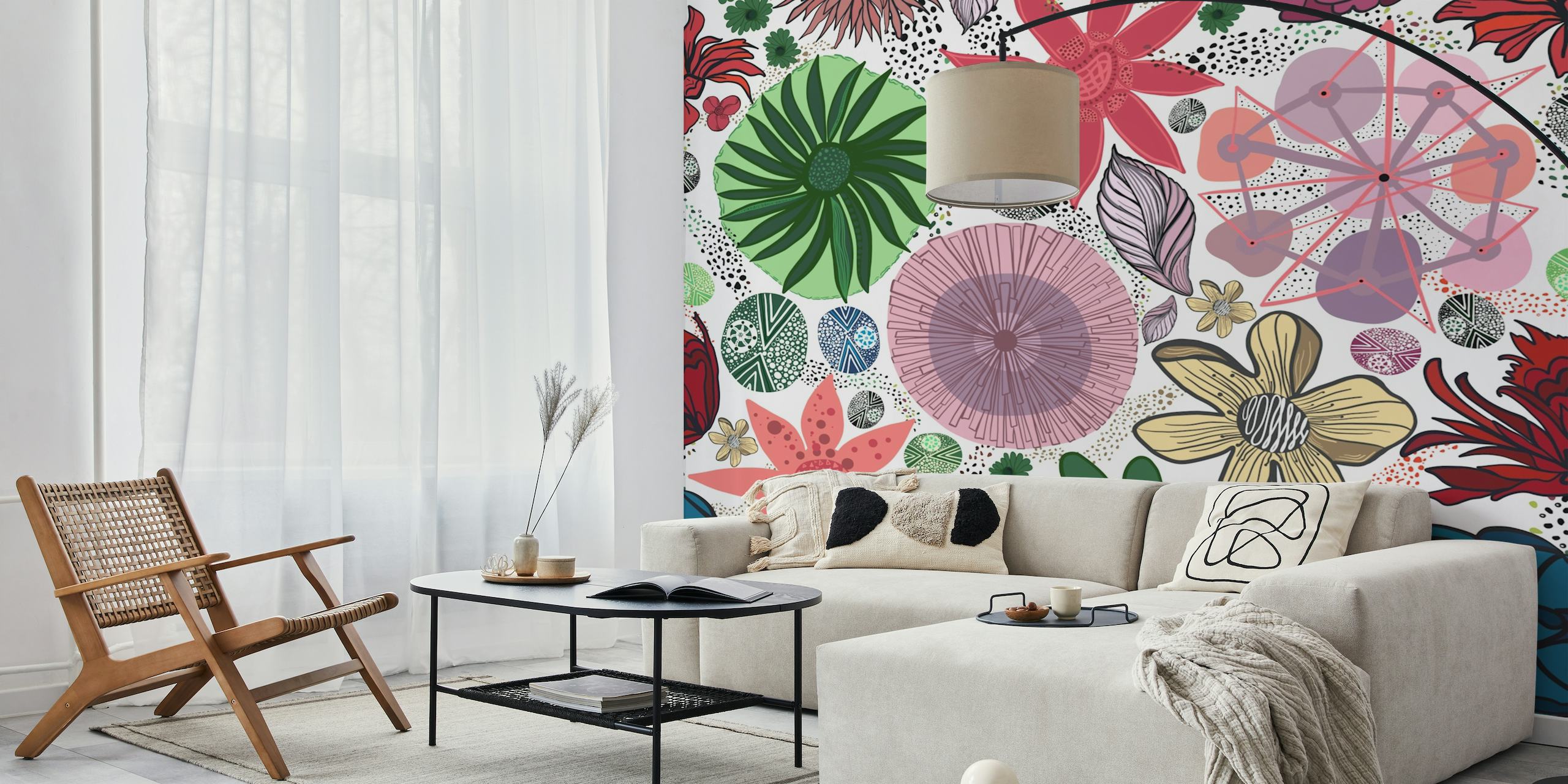 Moderne vintage muurschildering met kleurrijk schattig bloemen- en bladerenpatroon