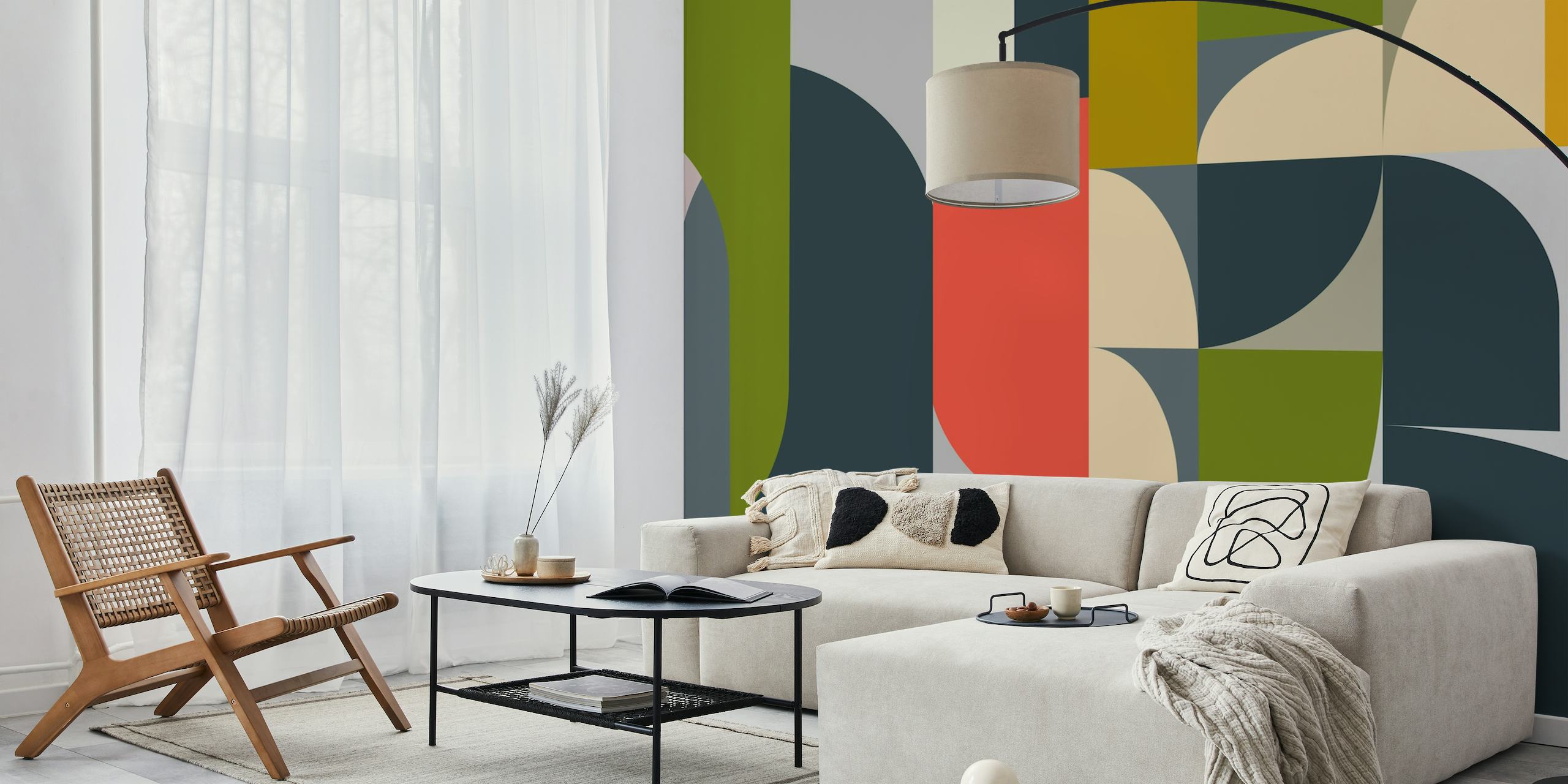 Moderne abstracte geometrische muurschildering met een samensmelting van vormen in gedempte kleuren