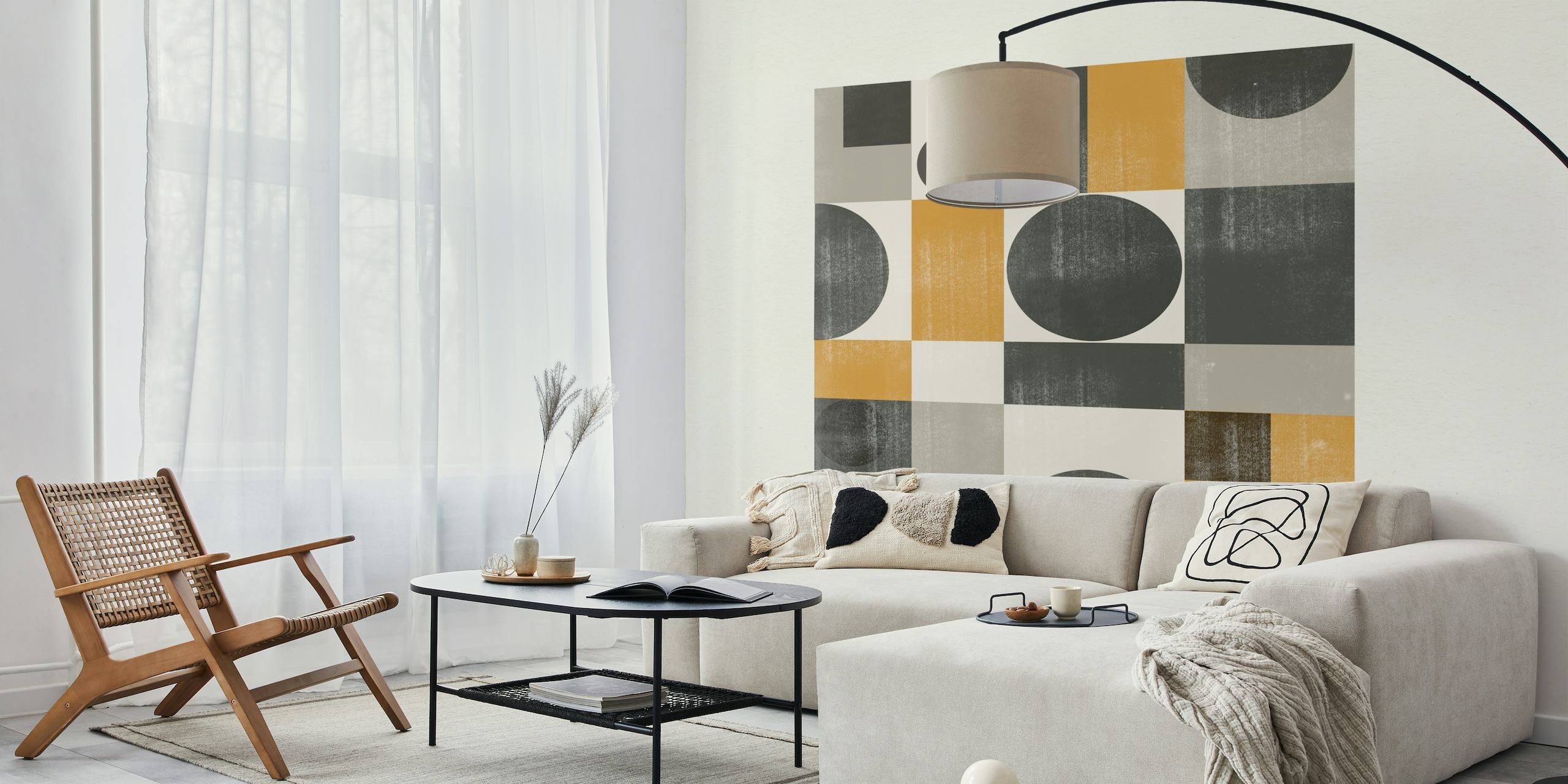 Geometrisch MidCentury Modern patroon in grijs, zwart en zacht goud voor muurschildering