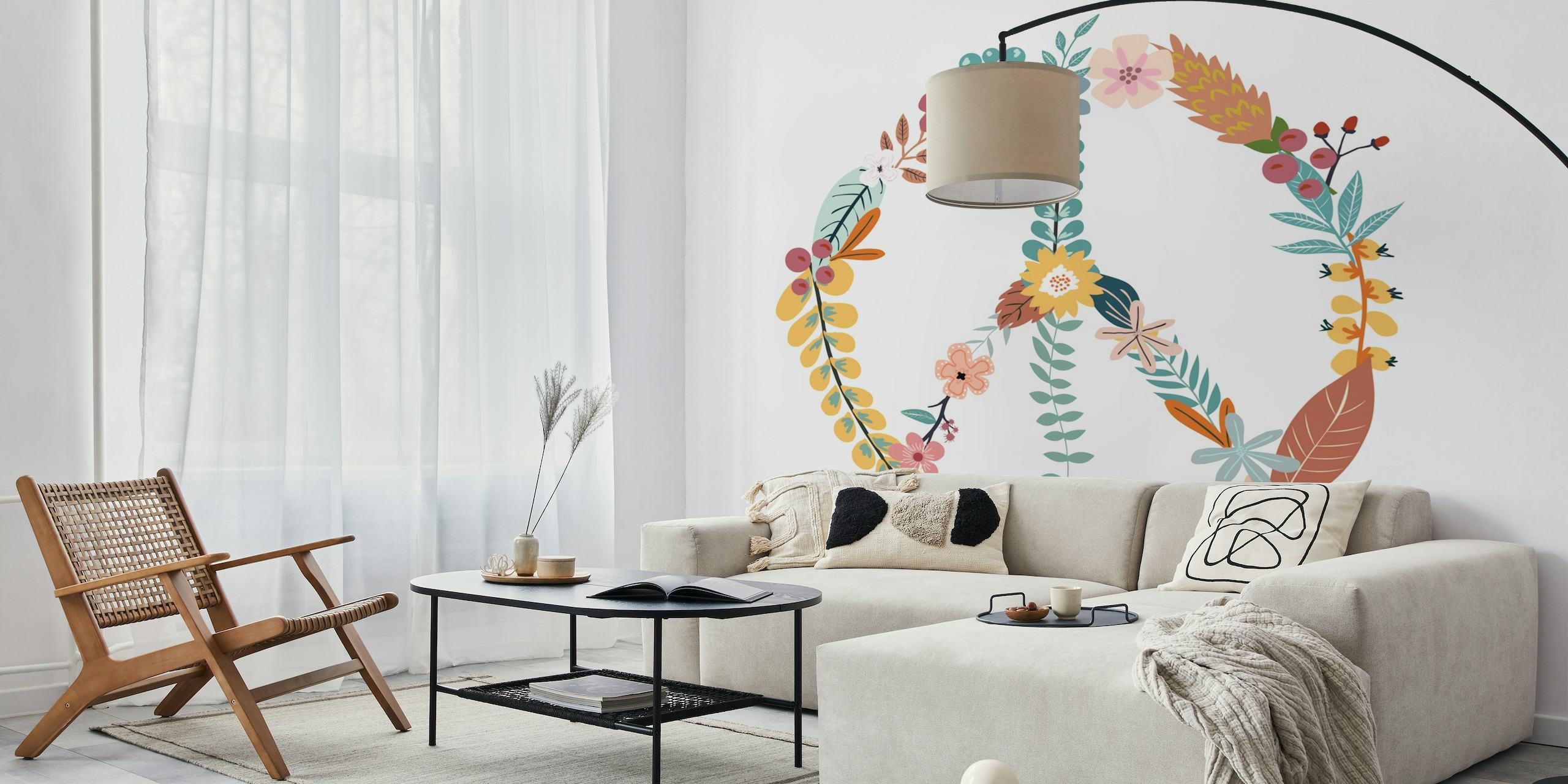 Flower Power wall mural with a circle of colorful hand-painted flowers and leaves