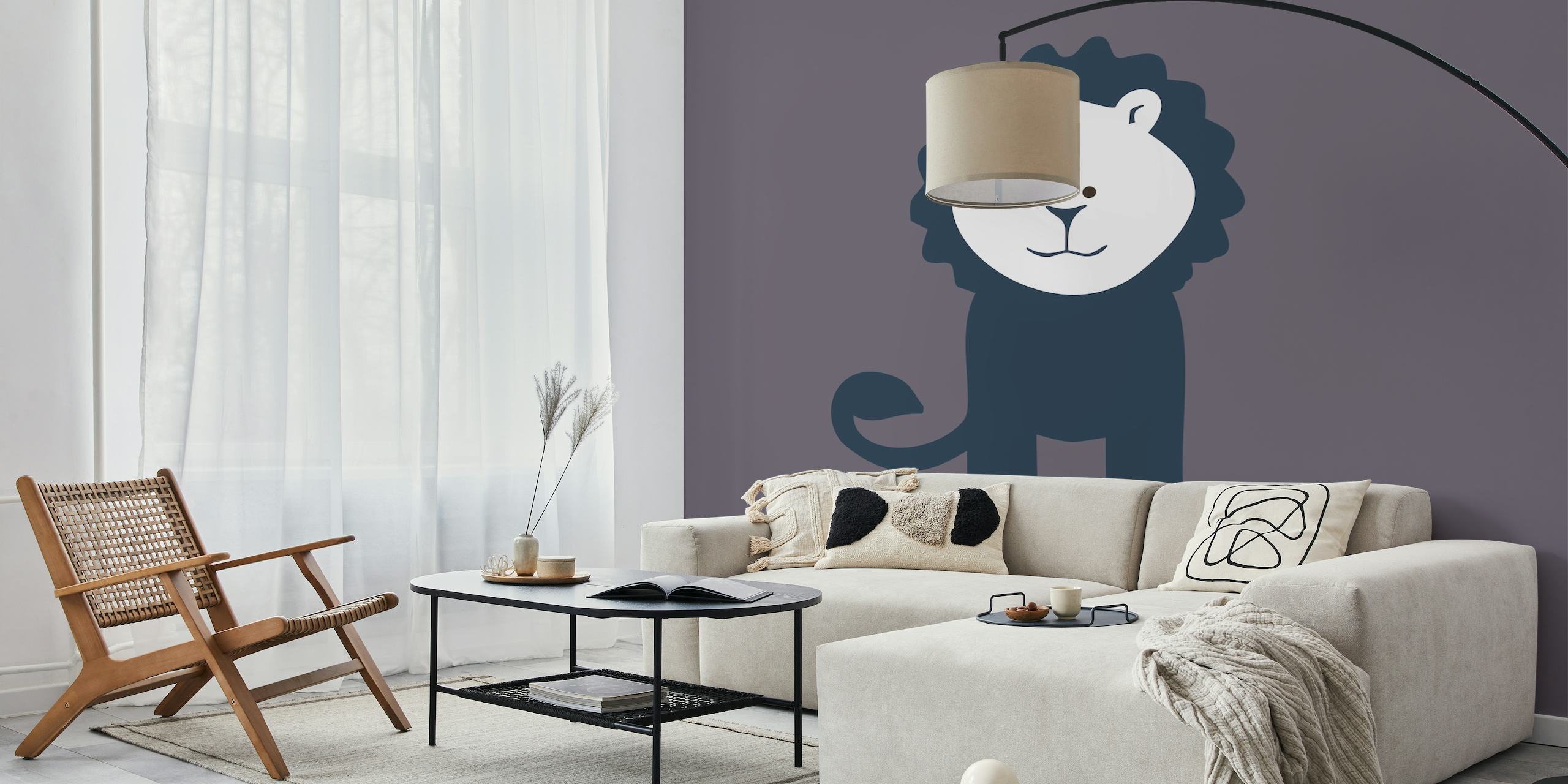 Taupefarbenes Cartoon-Löwen-Wandbild mit Anime-Einfluss auf einem einfarbigen Hintergrund