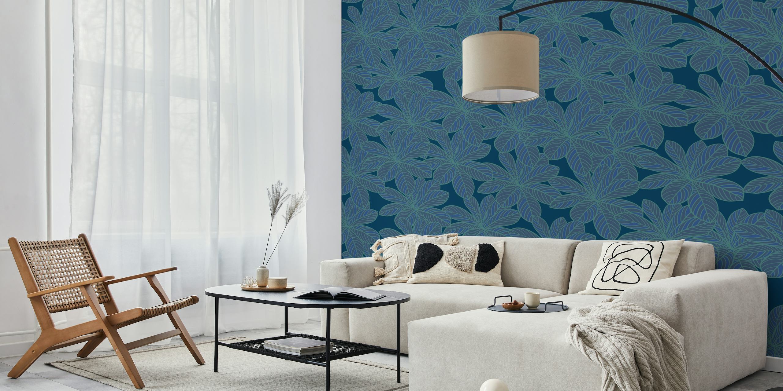 Fotomural con estampado de hojas azules para decoración de interiores