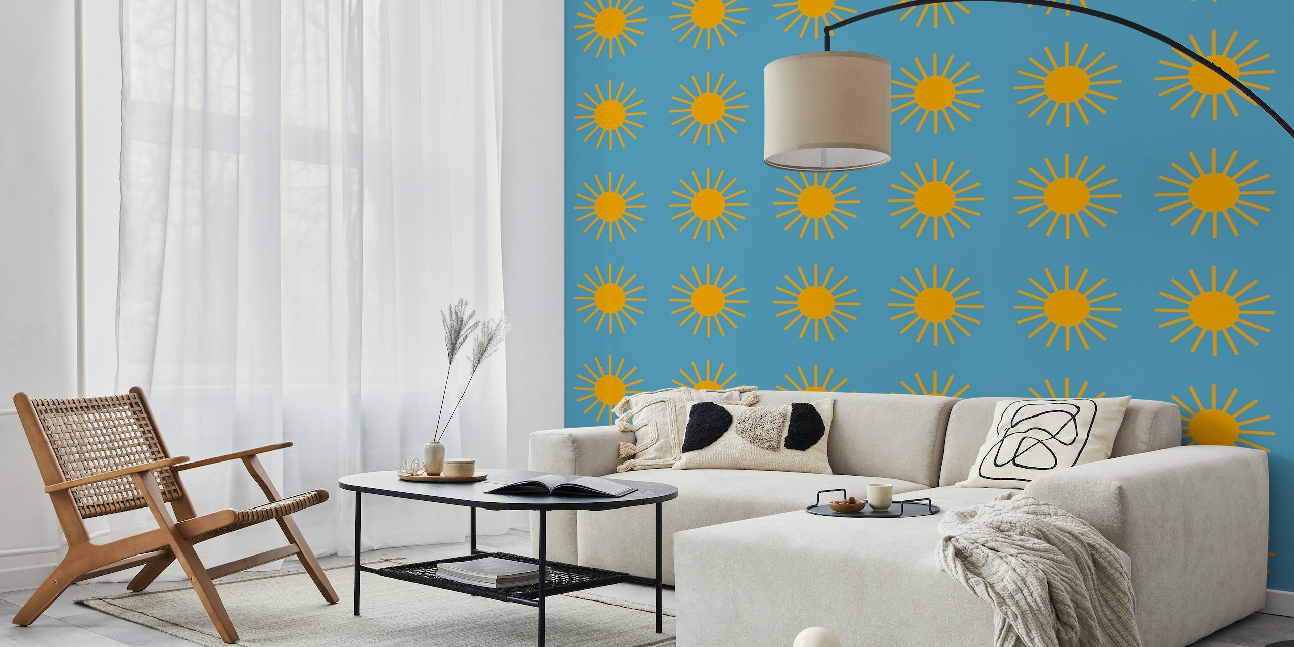 Bright suns pattern on blue background wall mural