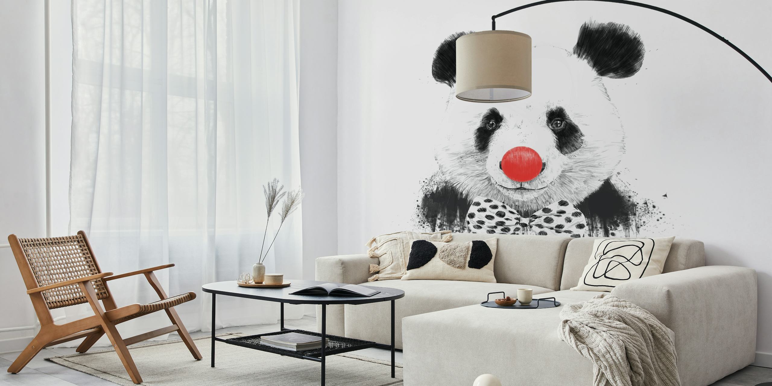Clown Panda wall mural showing a playful panda with a clown nose and collar