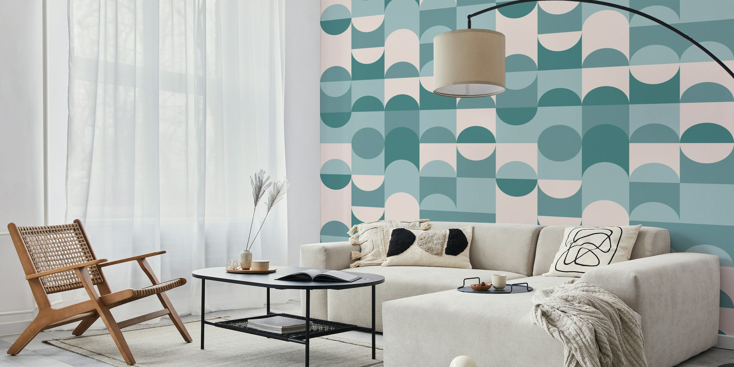 Geometric Retro Shapes Wall Mural in Teal and Beige