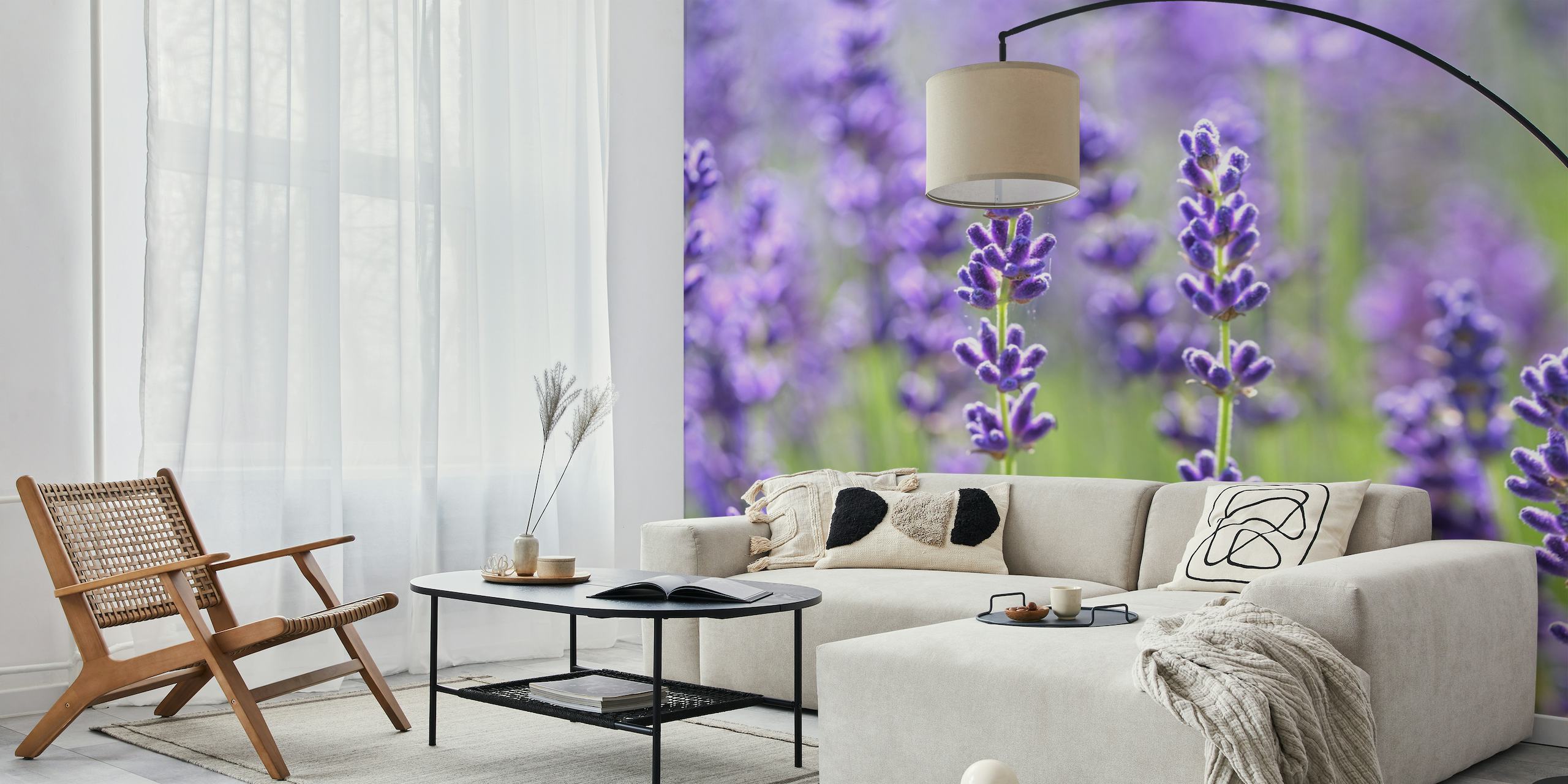 Lavender field wall mural with rich purple hues and calming green accents.