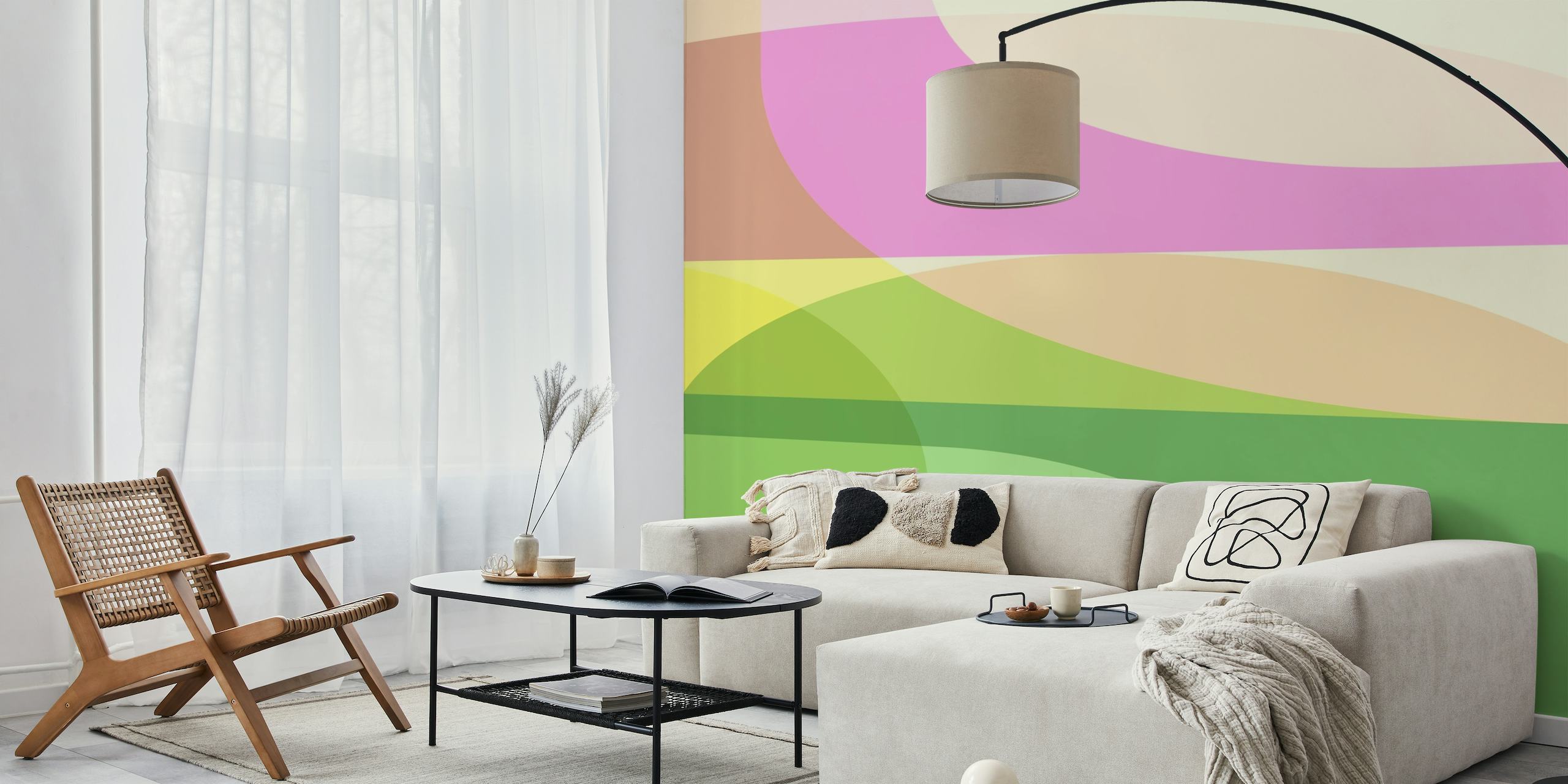 Abstract geometric shapes wall mural in shades of pink and green