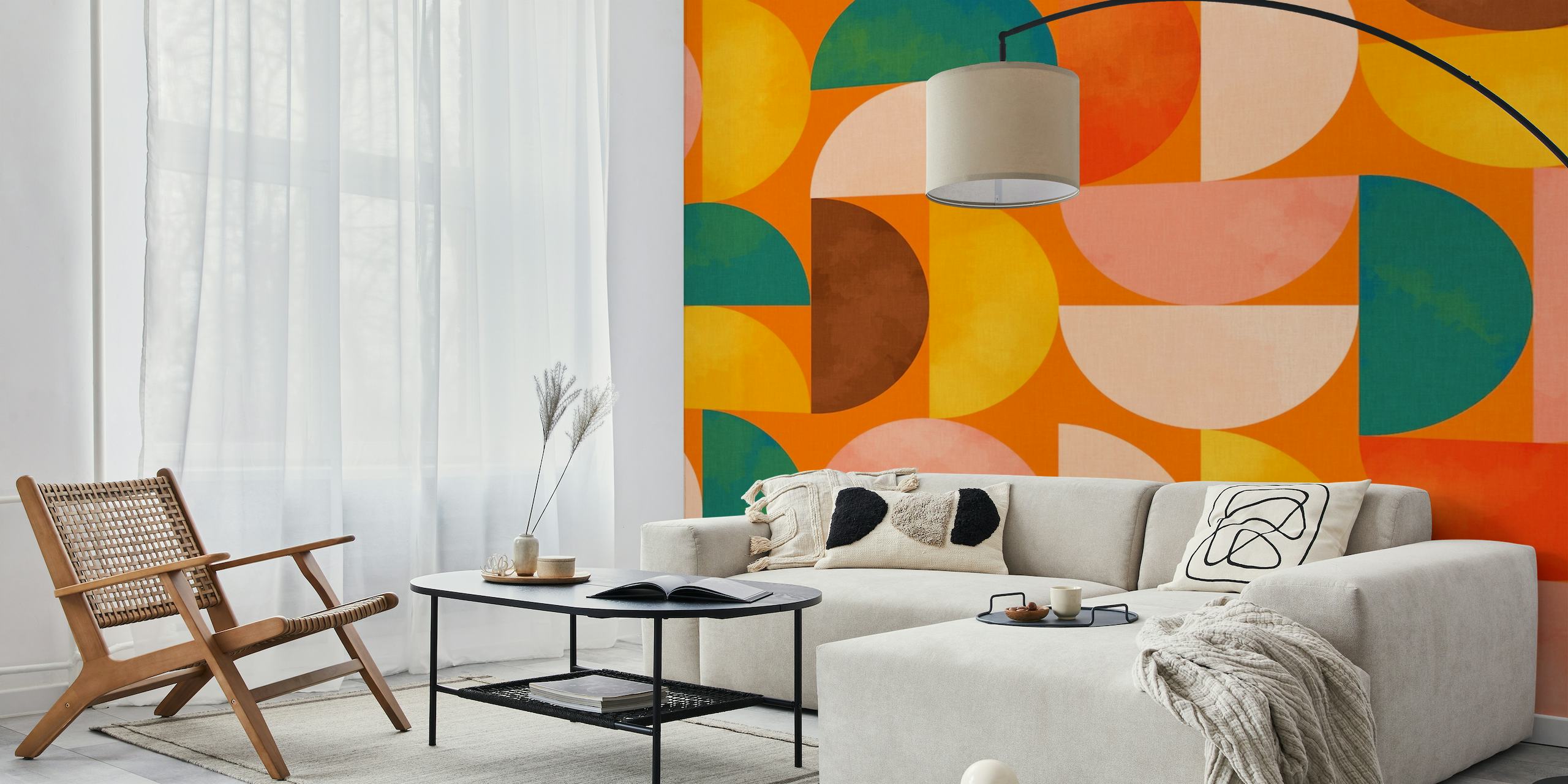 Mid-century modern geometric wall mural in shades of orange, teal, and brown