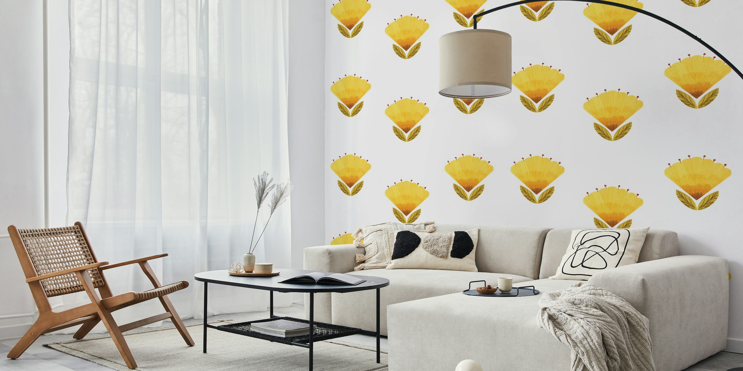 Fotomural de pared con estampado floral amarillo con flores texturizadas que se repiten sobre un fondo blanco.