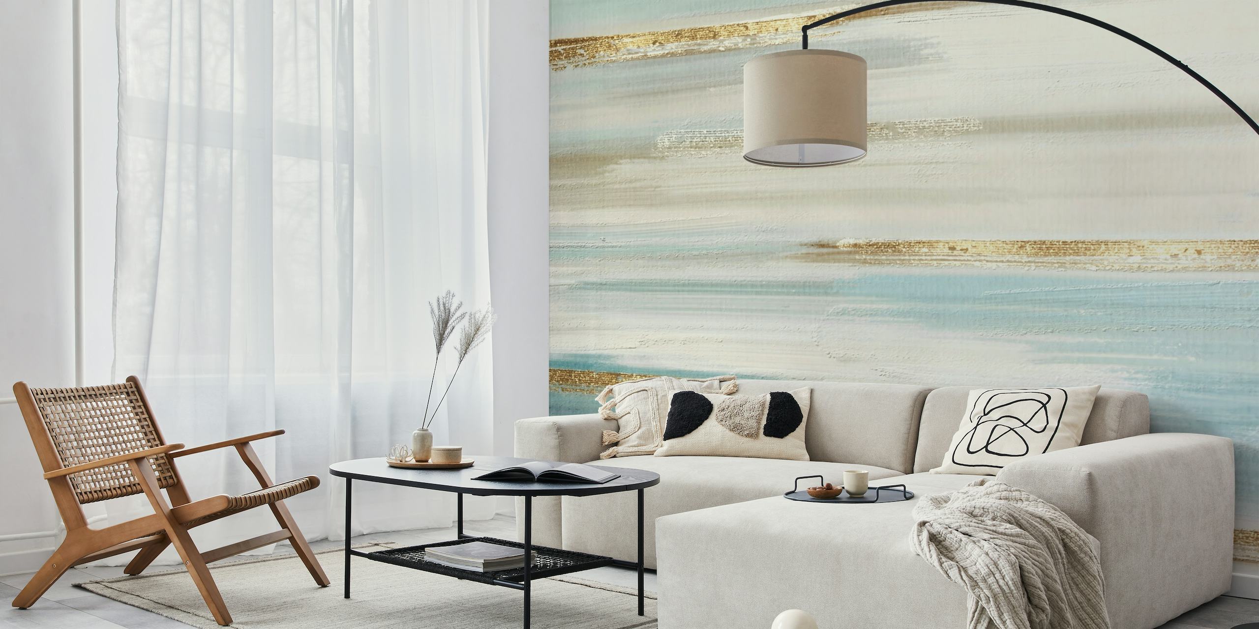 Abstract horizontal stripes wall mural in serene hues of blue, gold, and white