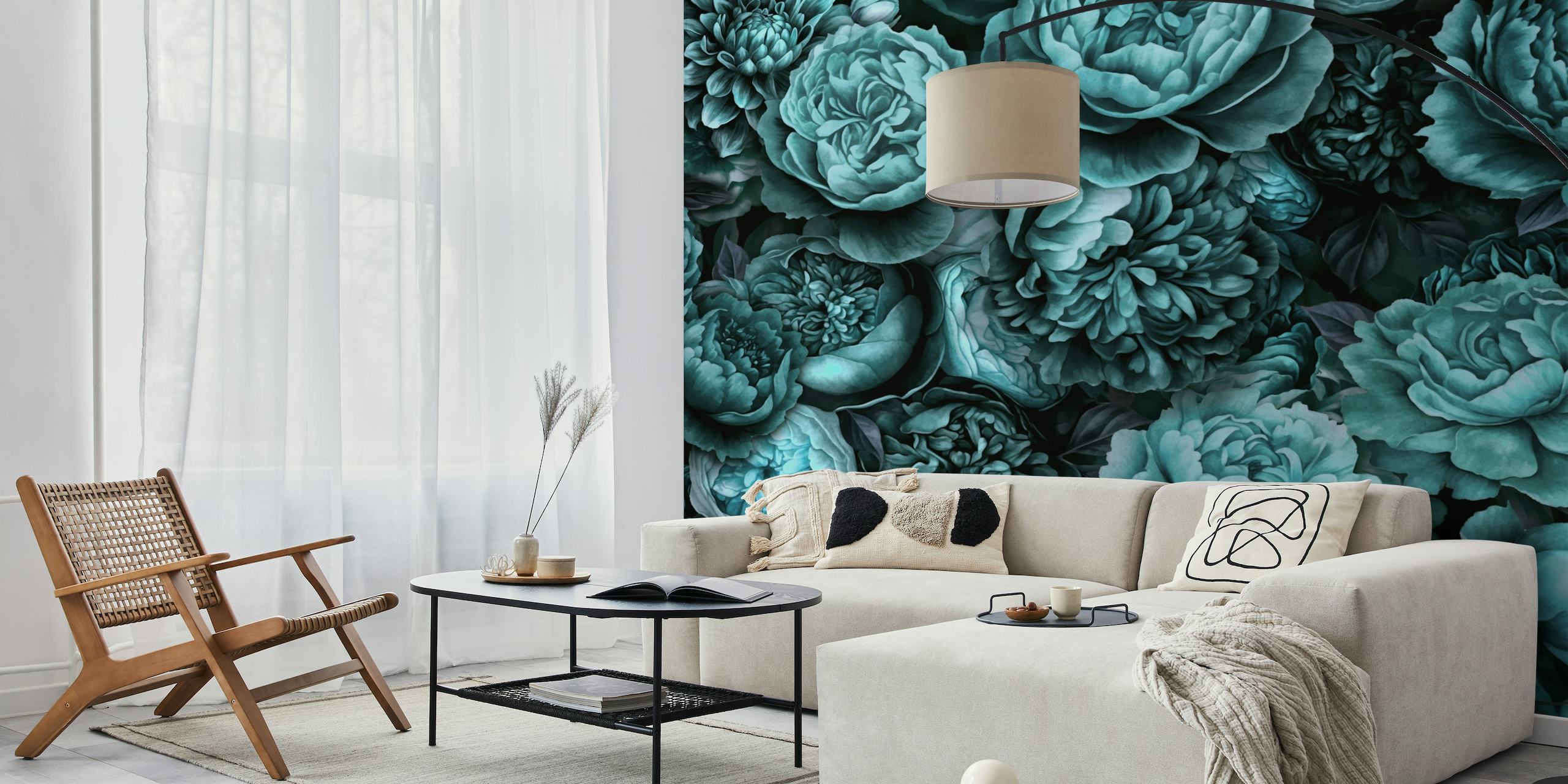 Moody Baroque Velveteen Flowers Teal wallpaper