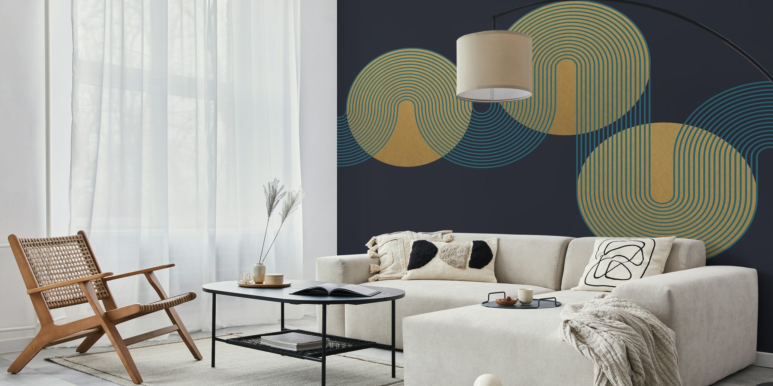 Bauhaus-inspirert abstrakt veggmaleri med overlappende sirkler i gylne og beige toner på en marineblå bakgrunn
