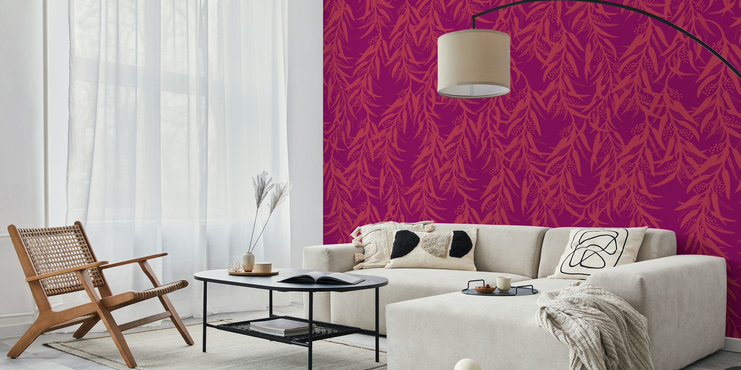 Falling Flora Magenta wall mural with abstract floral patterns