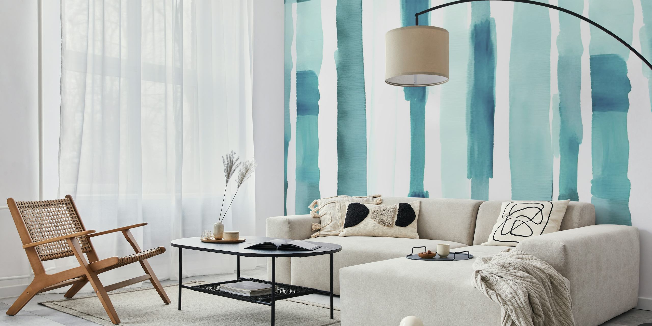 Abstract watercolor stripes in shades of mint and turquoise for wall mural