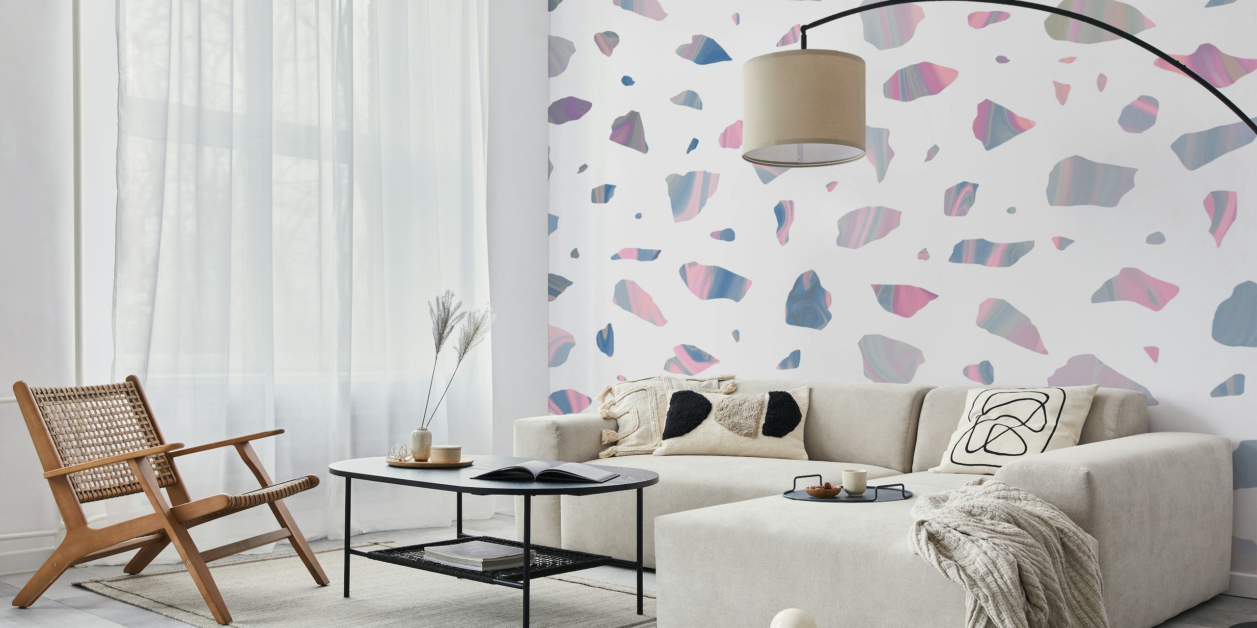 Abstract terrazzo pattern wall mural with pink, blue, and gray fragments on a white background