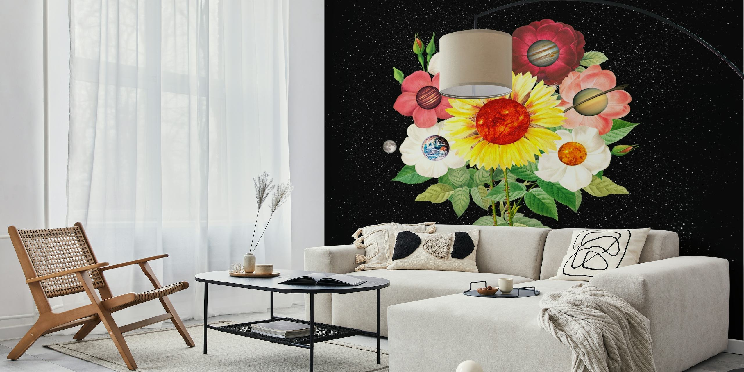 Künstlerisches Sonnenblumen- und Planetenwandbild auf sternenklarem Hintergrund