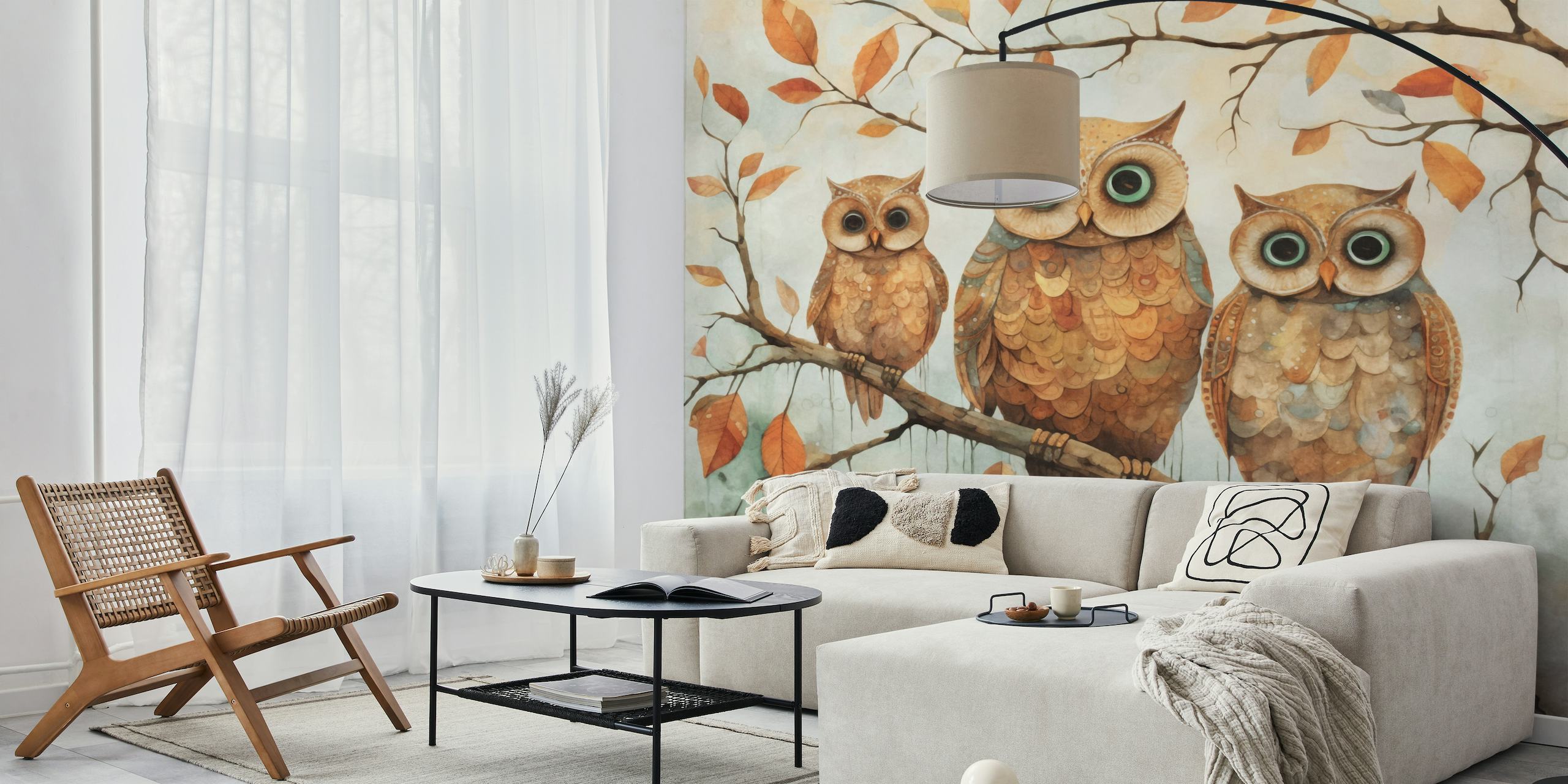 Whimsical Autumn Owls Cut Wildlife Illustration ταπετσαρία