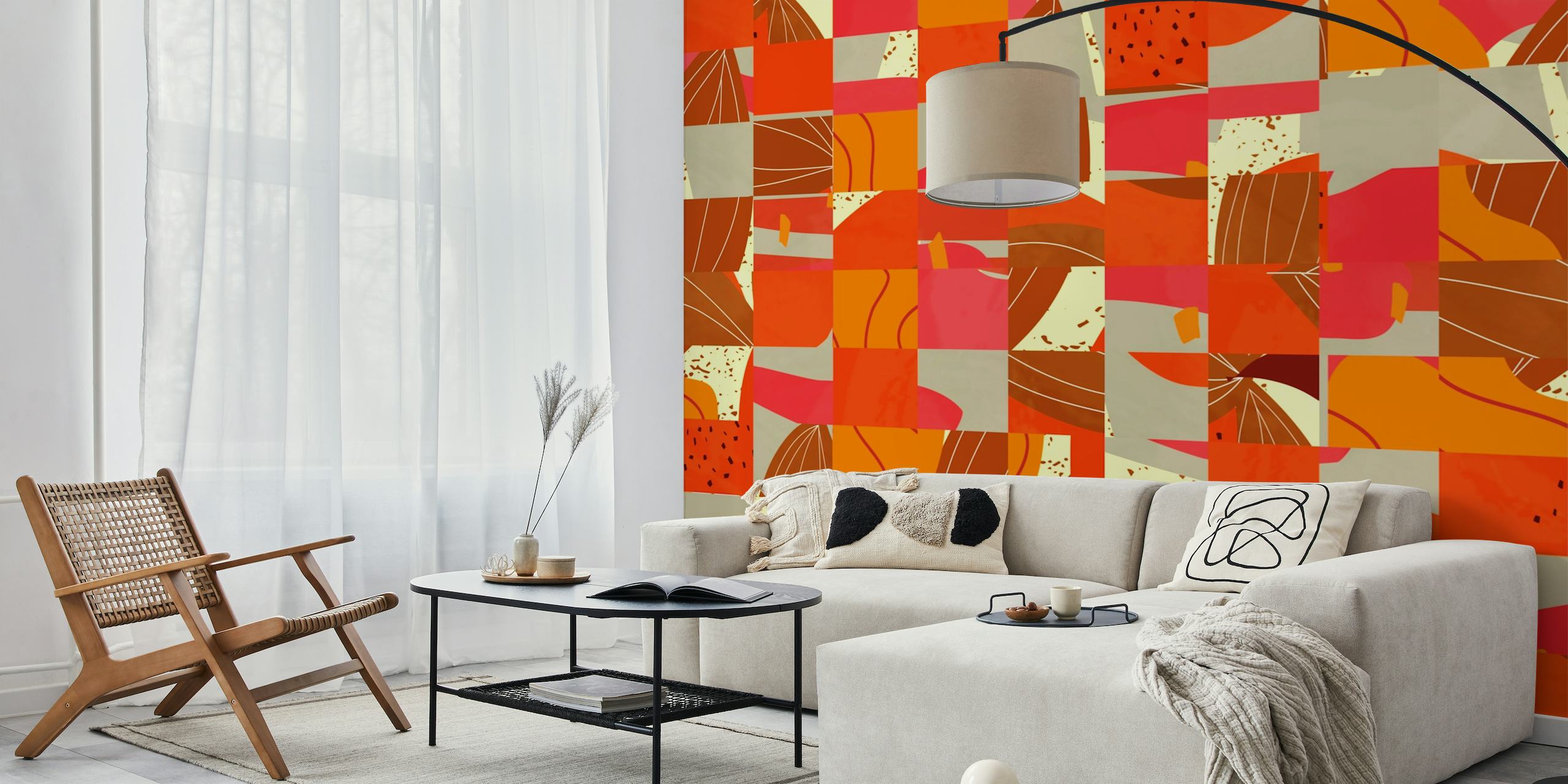 Kubik-muurschildering met abstracte geometrische vormen in warme en koele tinten