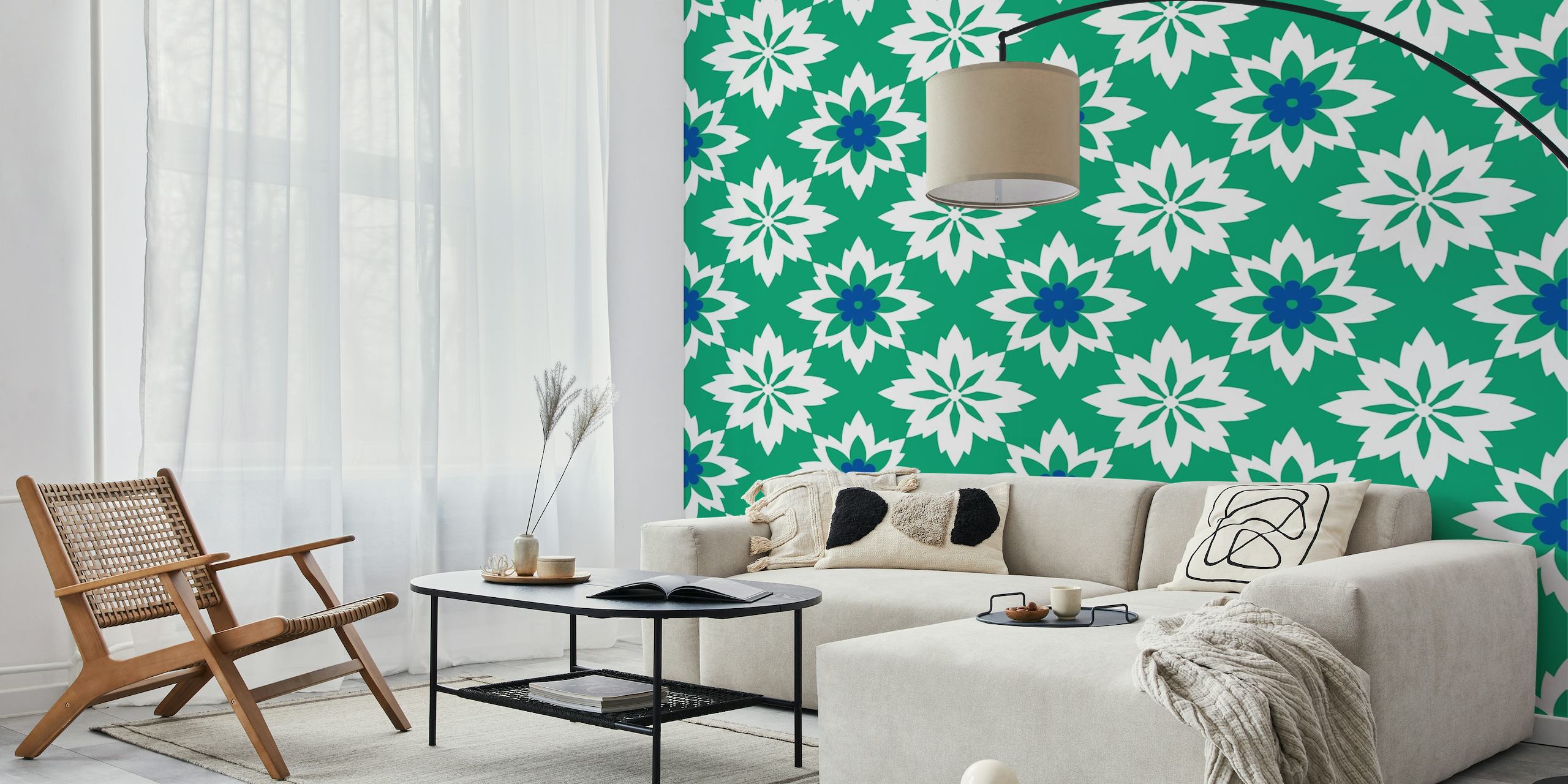 Moroccan ornament pattern in white green blue wallpaper
