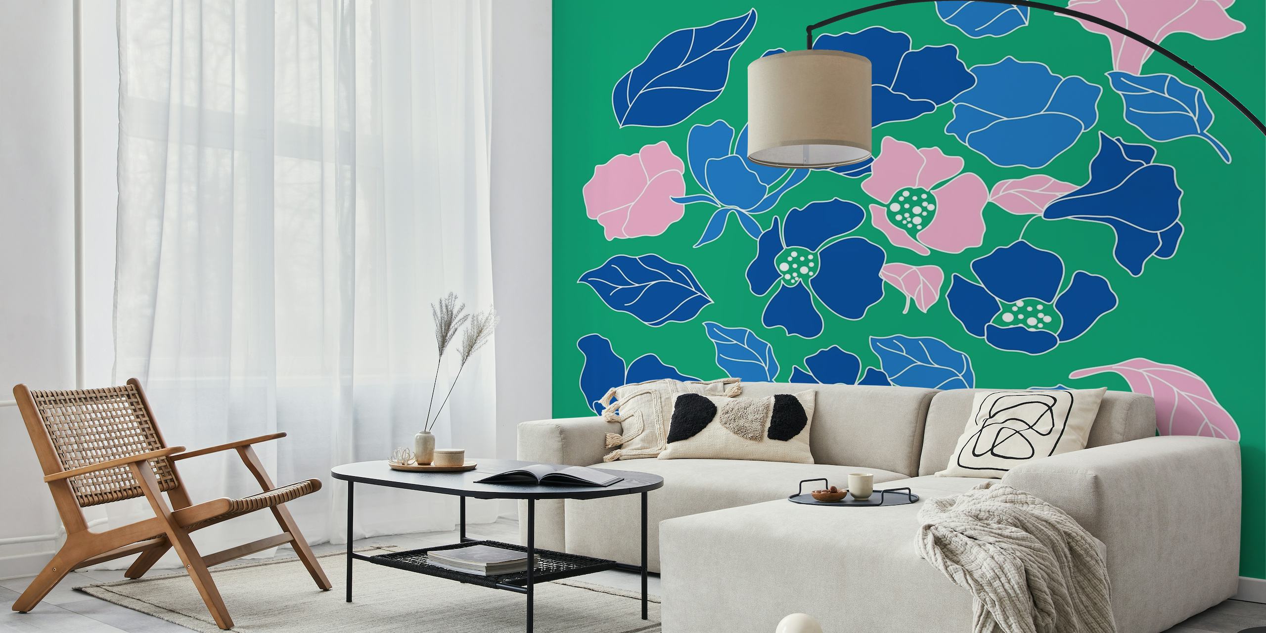 Wandgemälde mit waldgrünem Mohnblumenmuster von Happywall