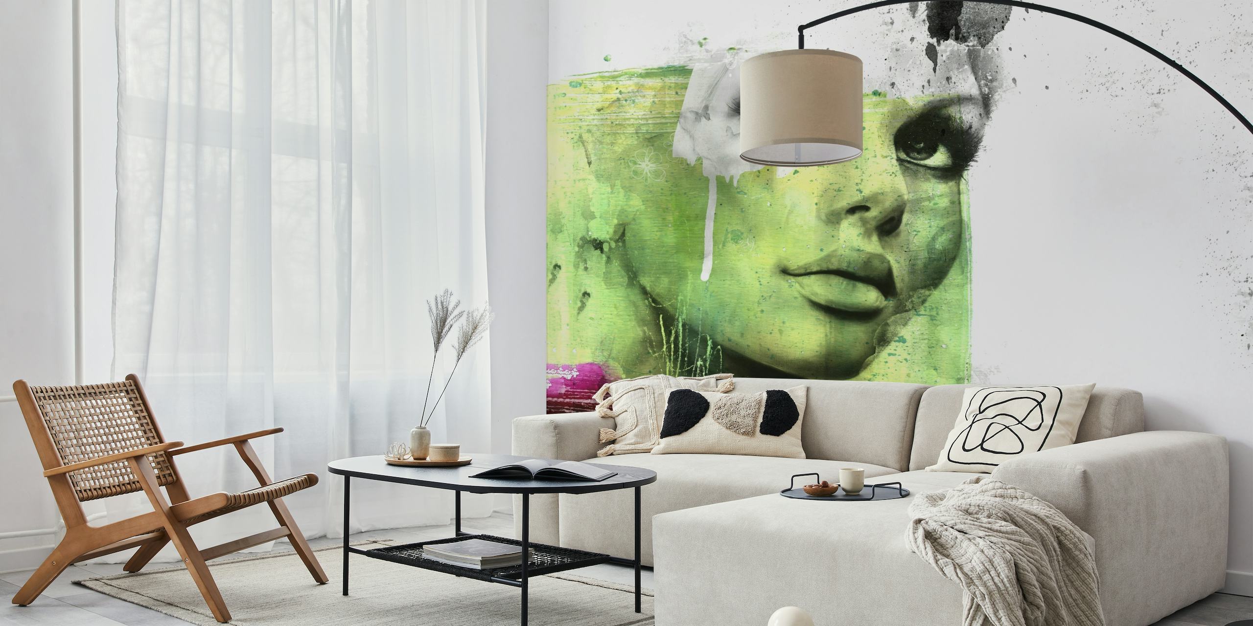 Fotomural vinílico de parede retrato feminino flash verde com design abstrato e cores vivas