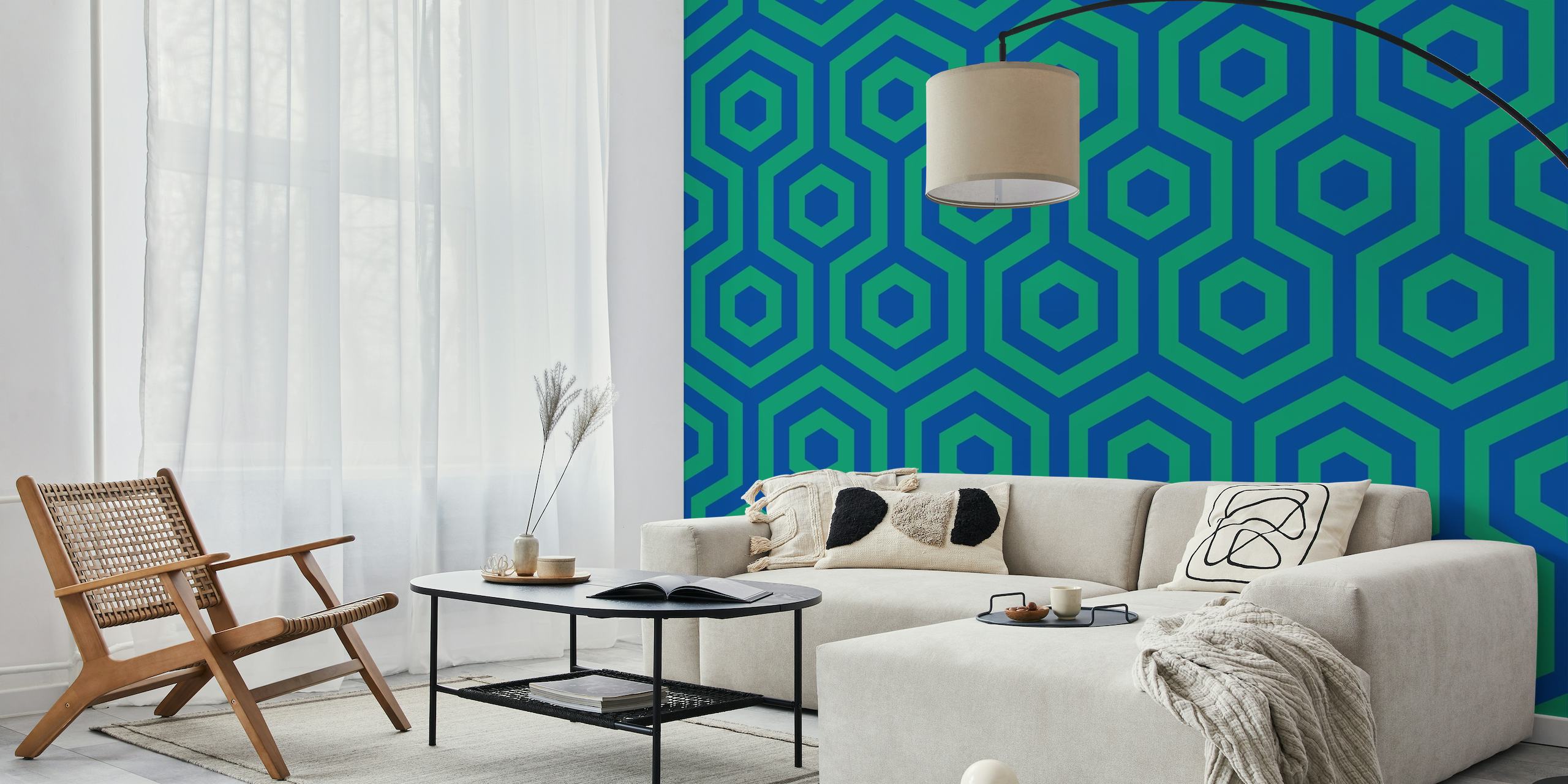 Geometrinen mehiläispesäkuvioinen seinämaalaus sinisellä ja vihreällä