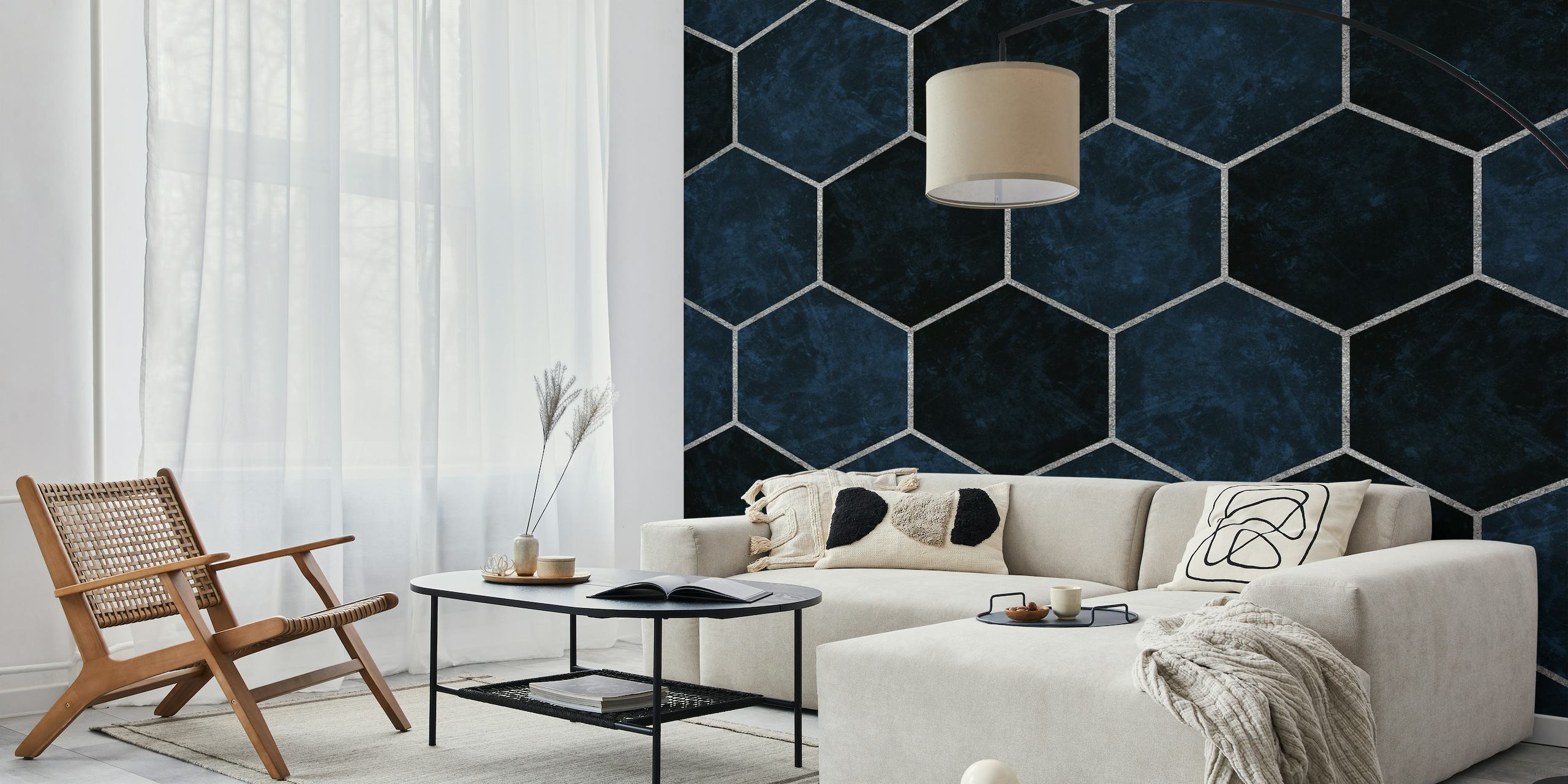 Dark Blue Navy and Silver Hexagons papel de parede