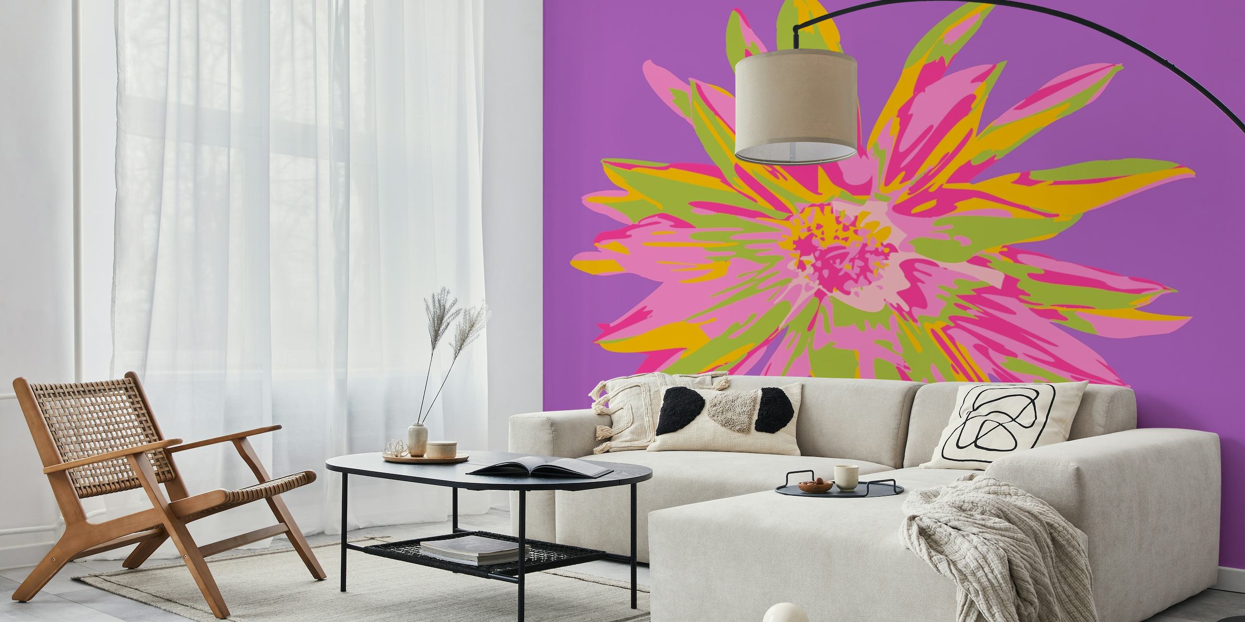 Abstract dahlia flower wall mural in violet, pink, and yellow tones on a purple background