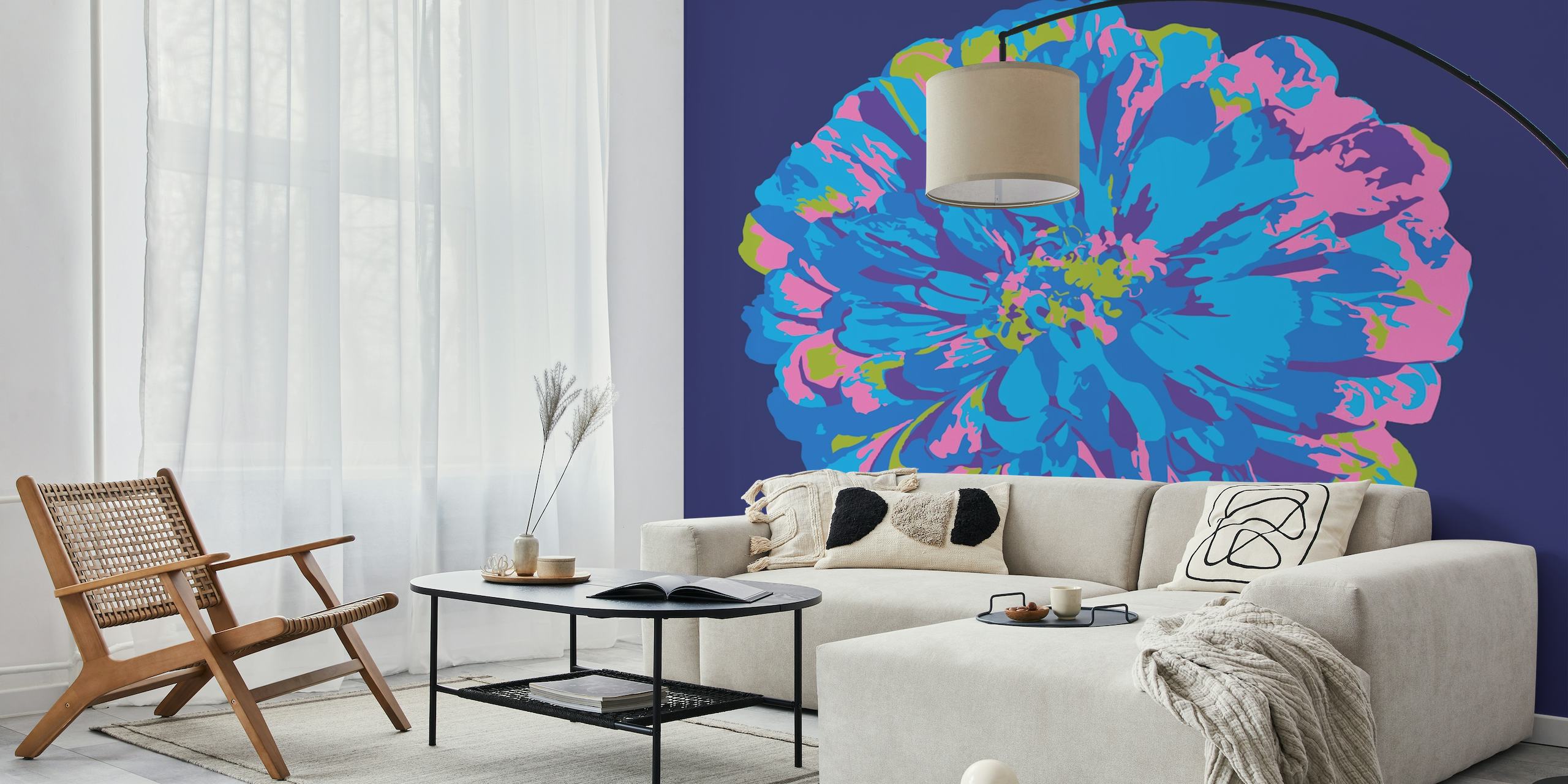Papier peint mural chrysanthème rose et turquoise vibrant sur fond bleu foncé