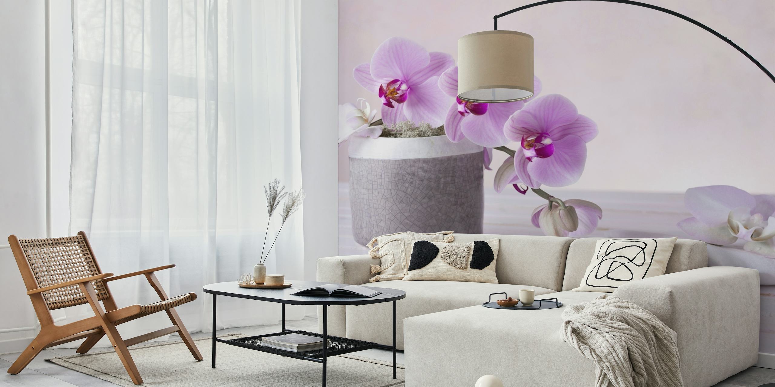 Elegante Orchid Serenity muurschildering met zachte paarse bloemen
