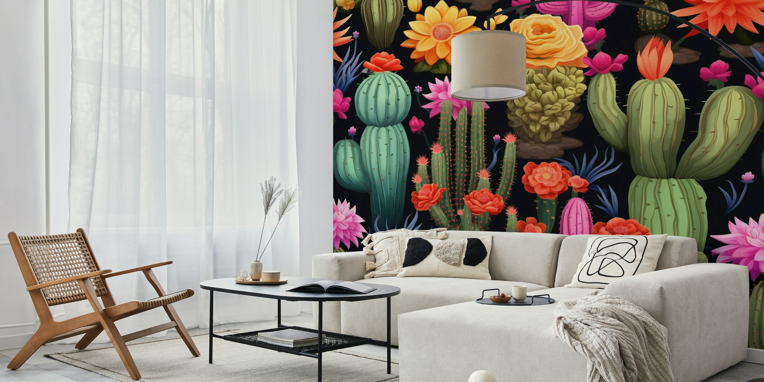 Värikäs kaktusseinämaalaus, jossa on erilaisia lajeja ja kukkivia kukkia