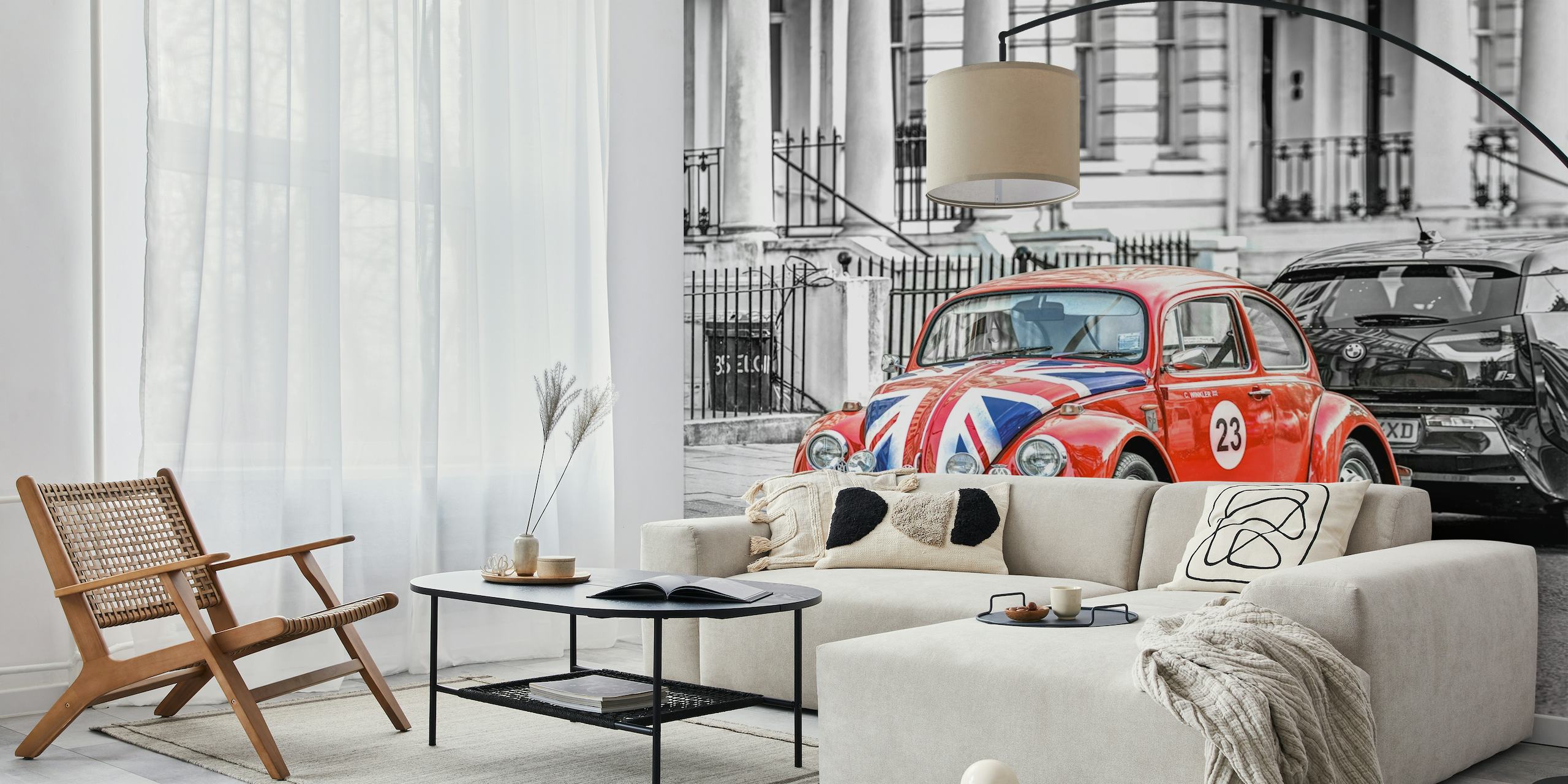 Iconic British car with Union Jack design in selective color