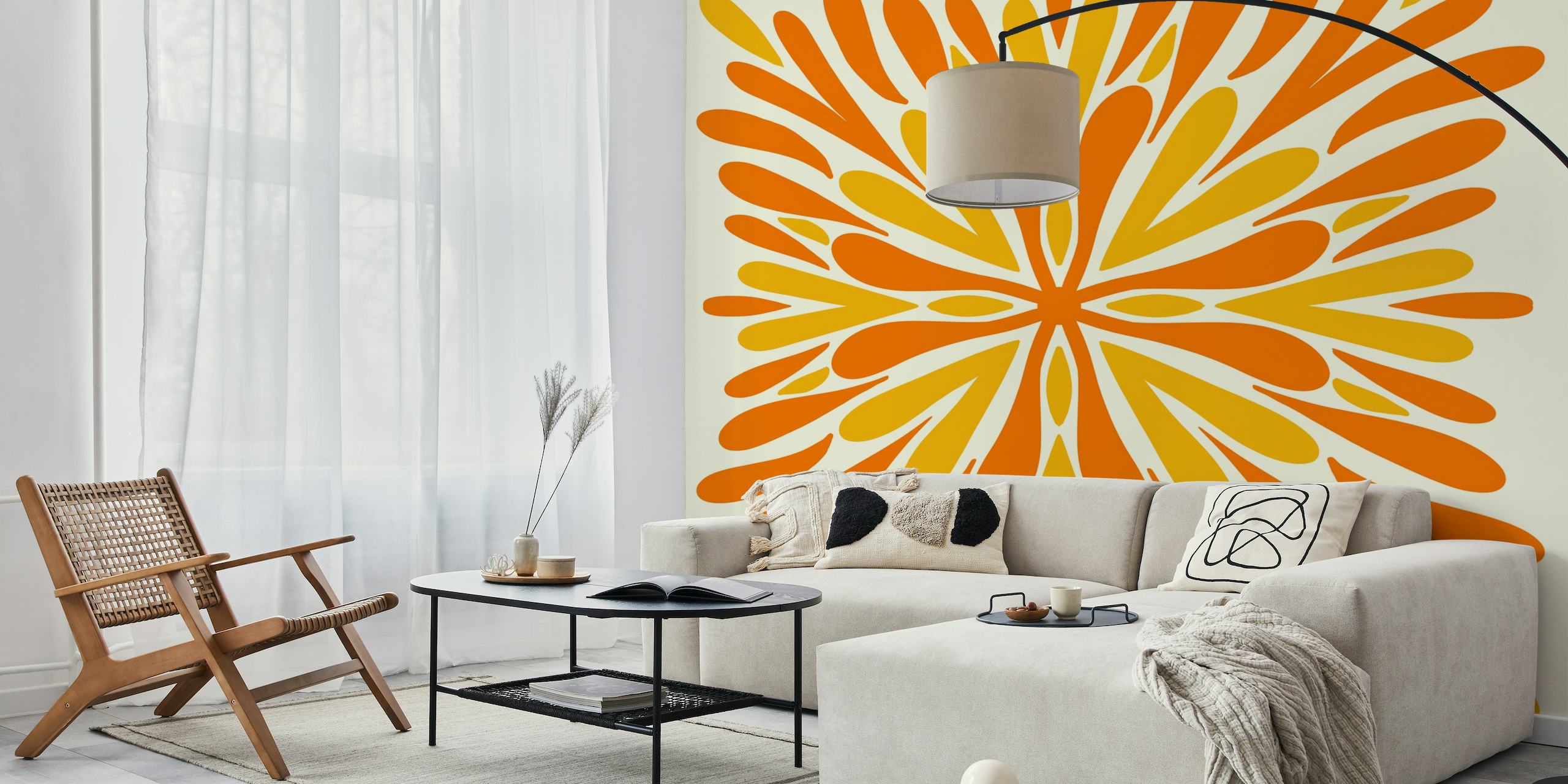 Abstract modern symmetry petals wall mural in orange and yellow