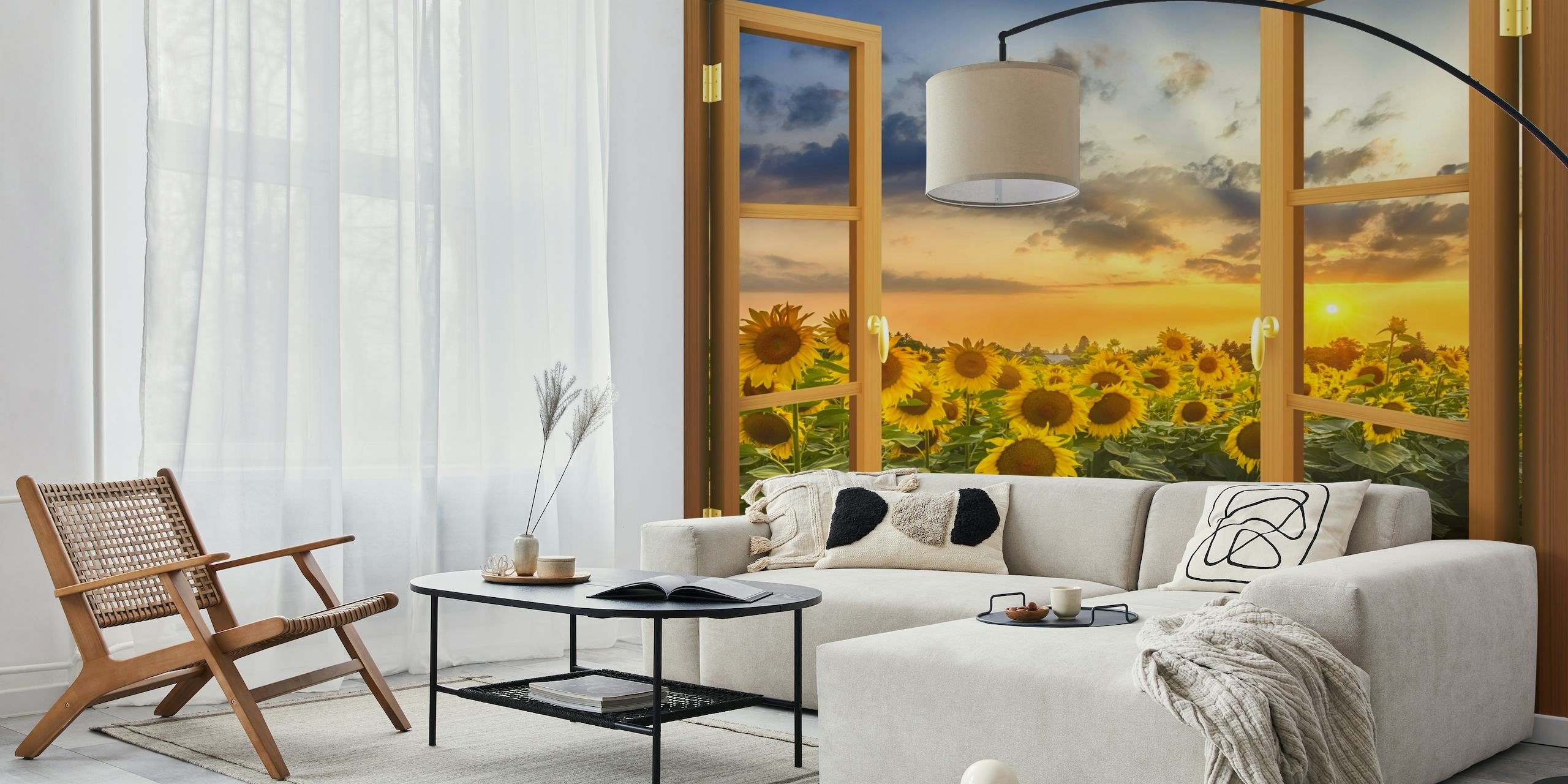View of sunflowers at sunset behang