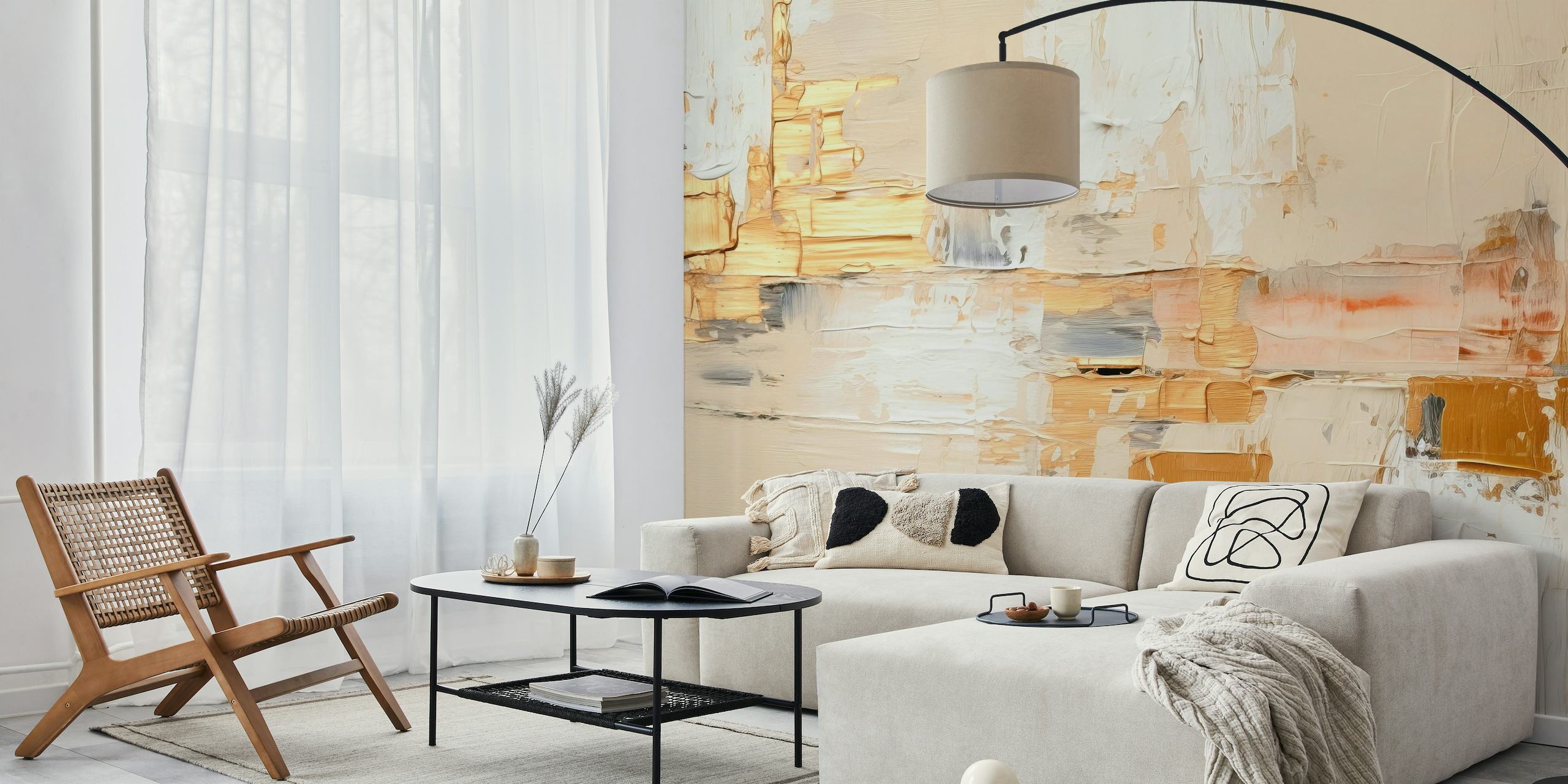 Abstract wall mural with creamy whites, rich golds, and blush tones with expressive brush strokes.