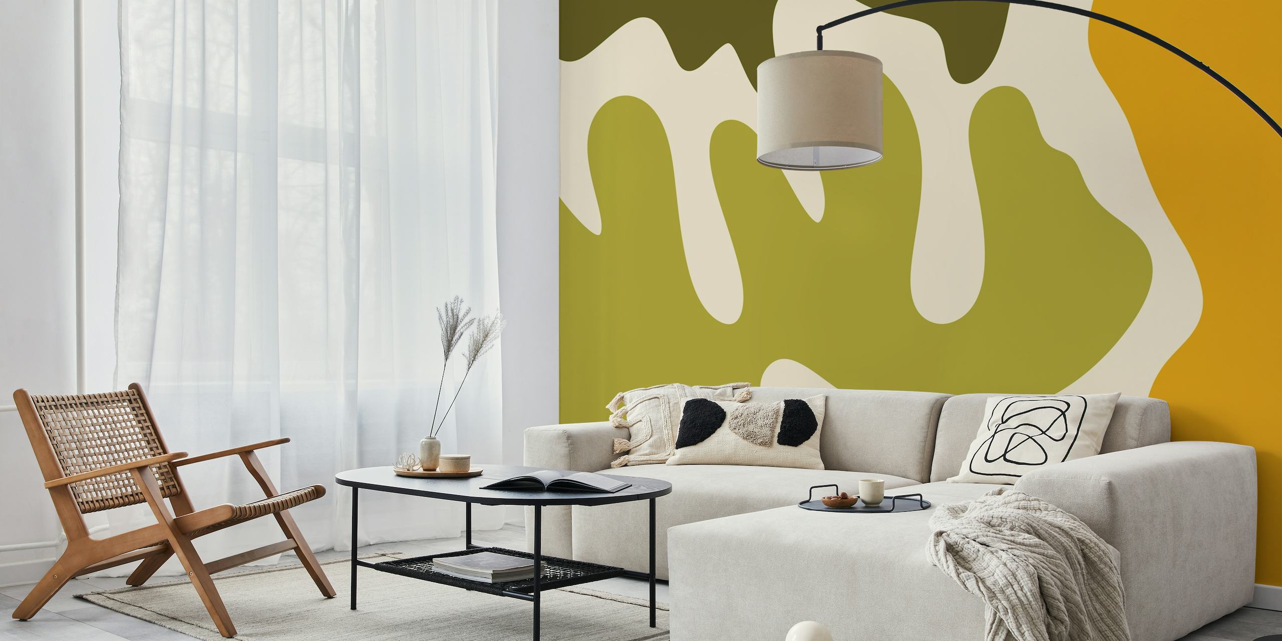 Abstract modern shapes sage and yellow wallpaper