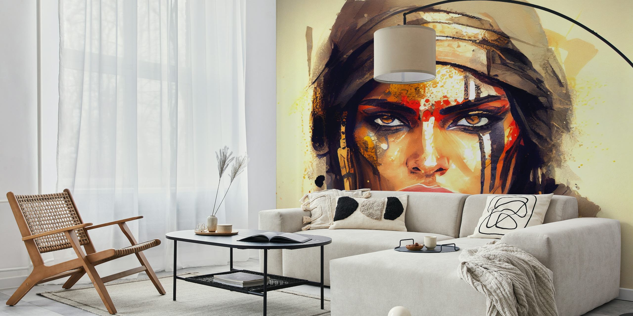 Representação artística de uma poderosa guerreira egípcia com pintura facial ousada e expressão determinada.