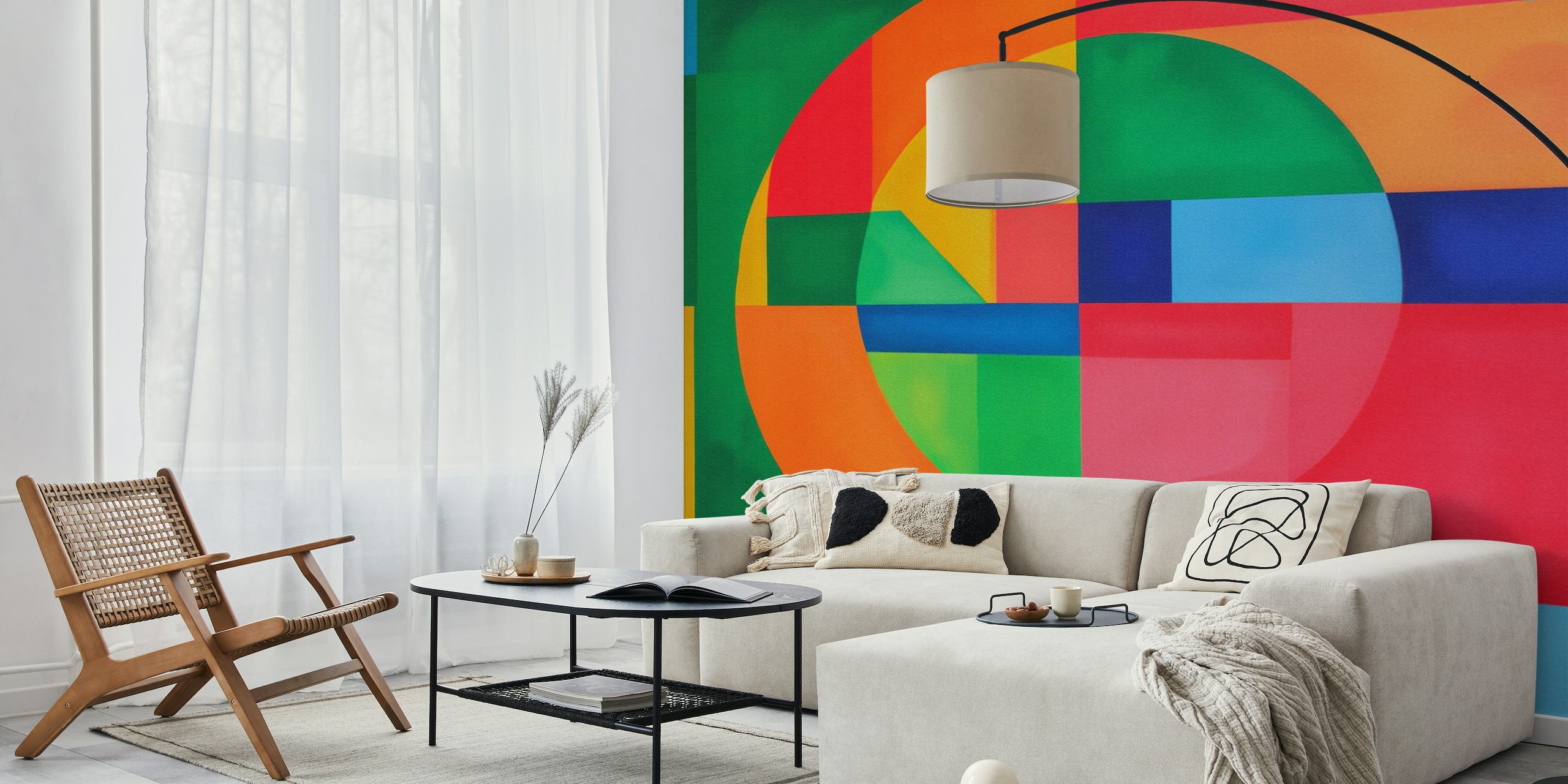 Kleurrijke abstracte geometrische muurschildering in retrostijl met opvallende overlappende vormen